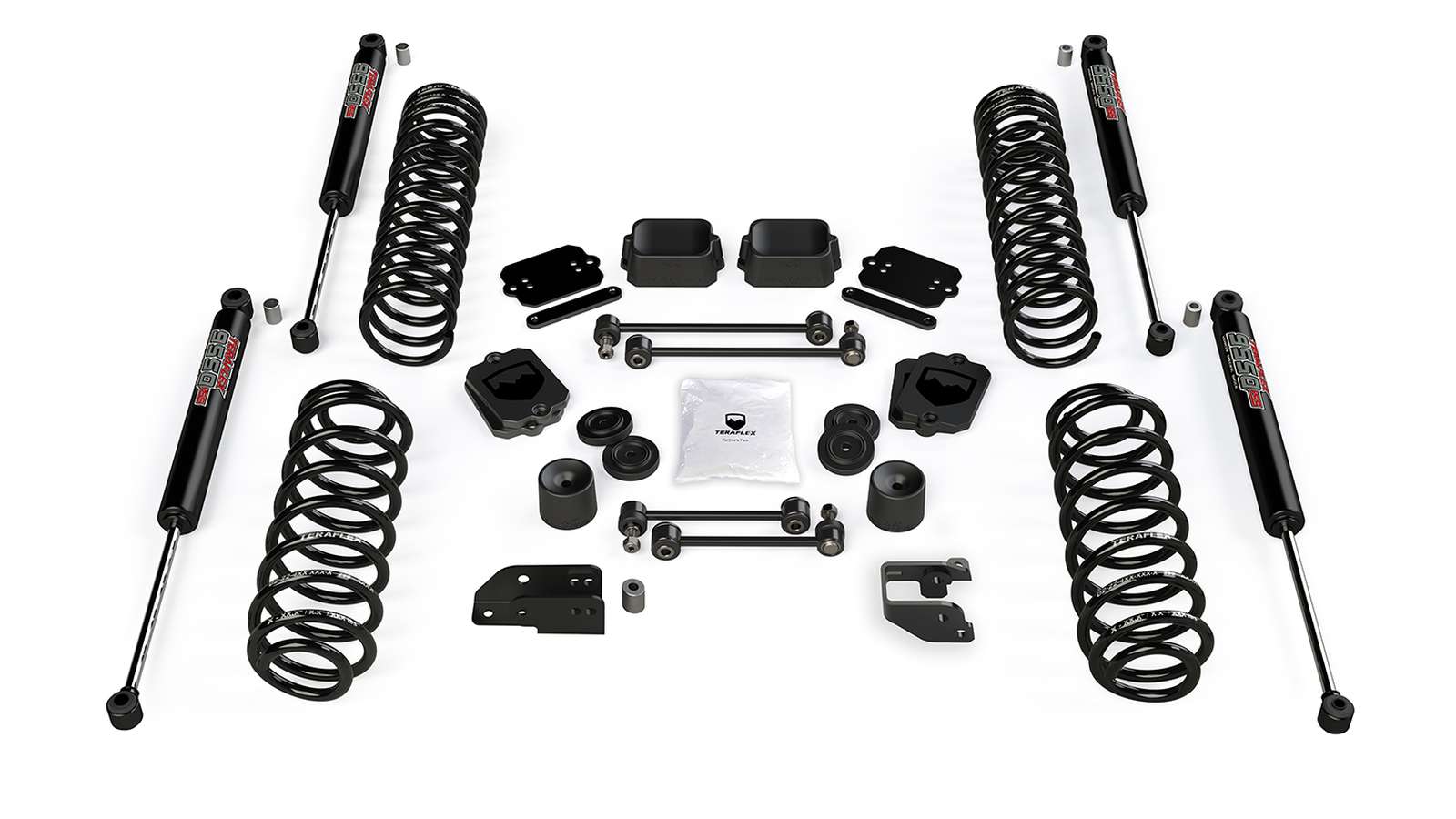 Jeep suspension lift kit with coil springs, shocks, mounts, and hardware on white background