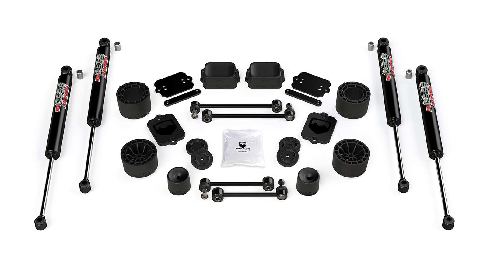 Full suspension lift kit components with shocks, spacers, and hardware for off-road vehicle