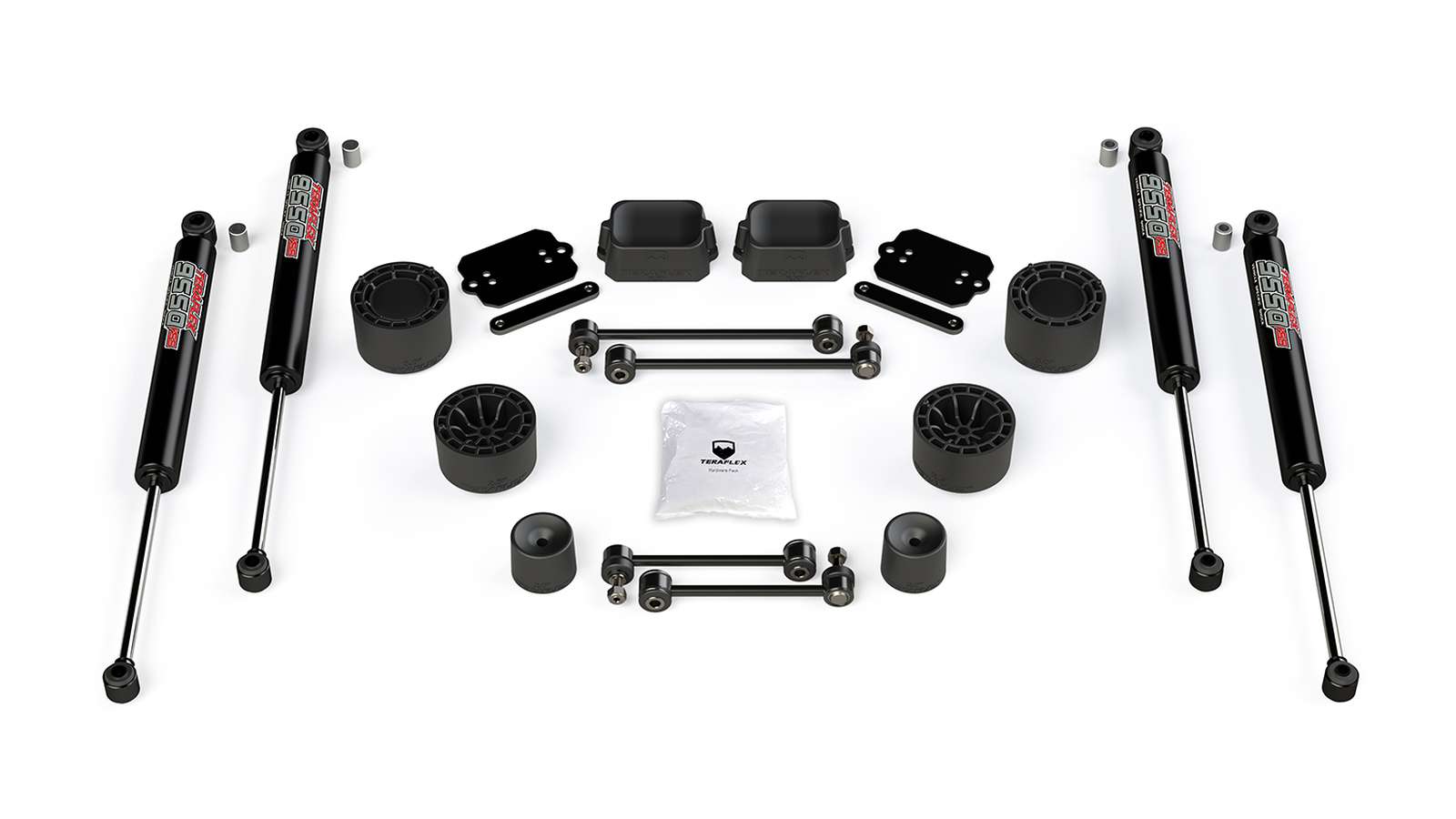 Complete off-road suspension lift kit with shocks, spacers, and mounting hardware for trucks and SUVs
