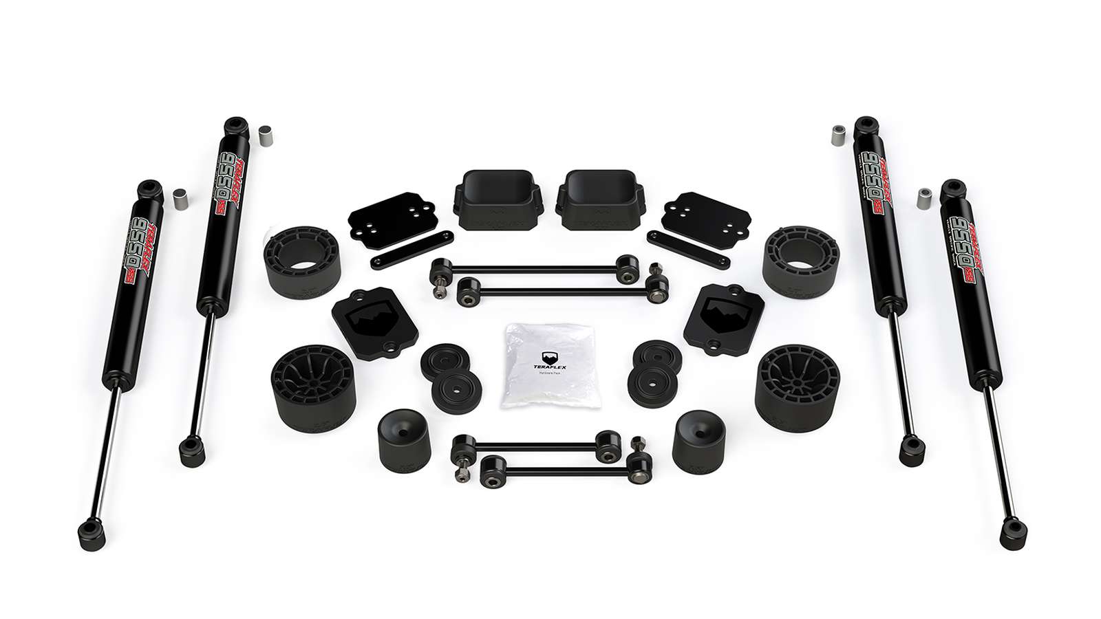 Complete suspension lift kit with shocks, spacers, mounts, and hardware for off-road vehicles