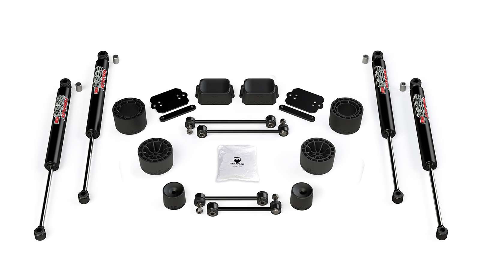 Jeep Wrangler suspension lift kit with shocks, spacers, and hardware for off-road vehicles
