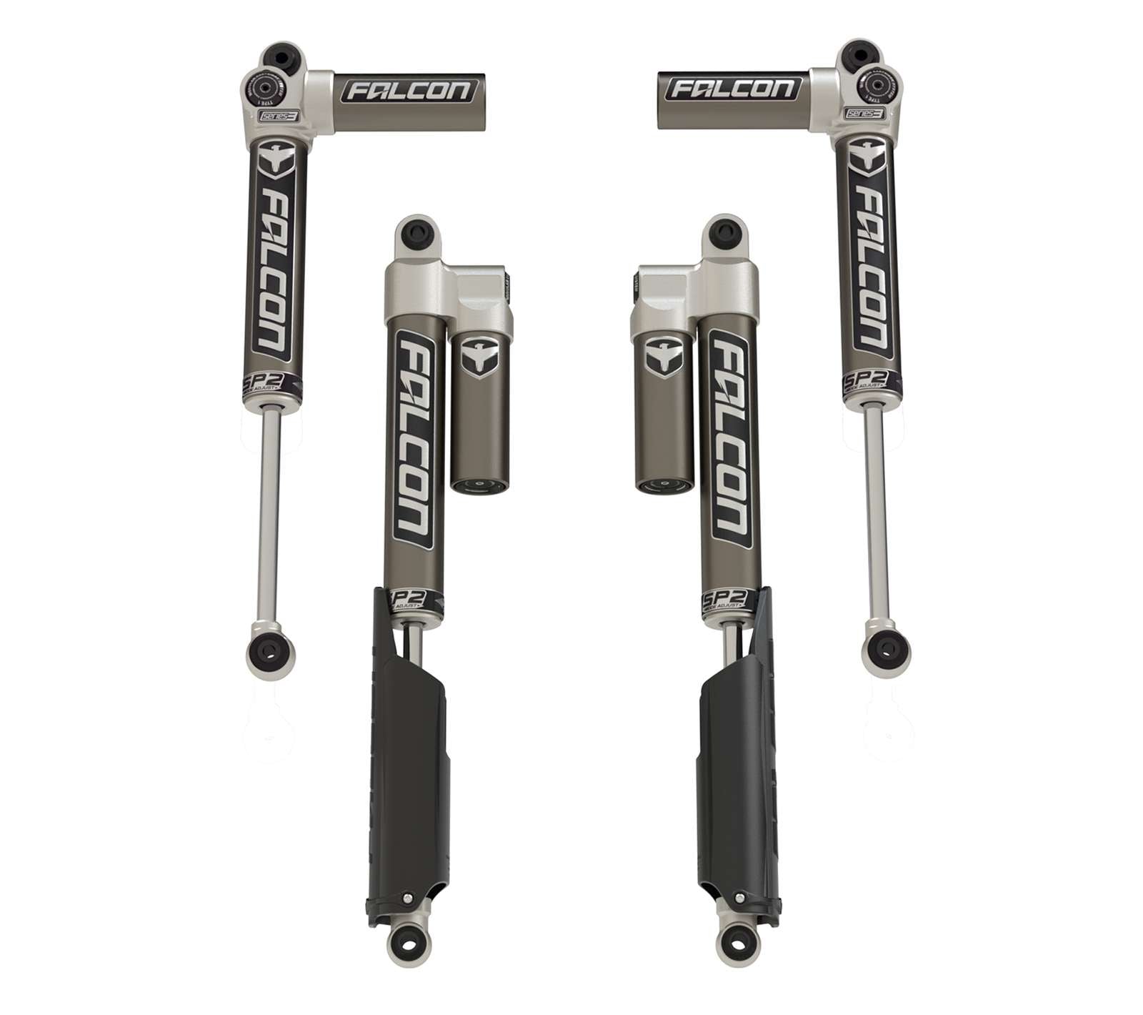 Falcon adjustable off-road shock absorbers set for trucks and SUVs, front and rear view