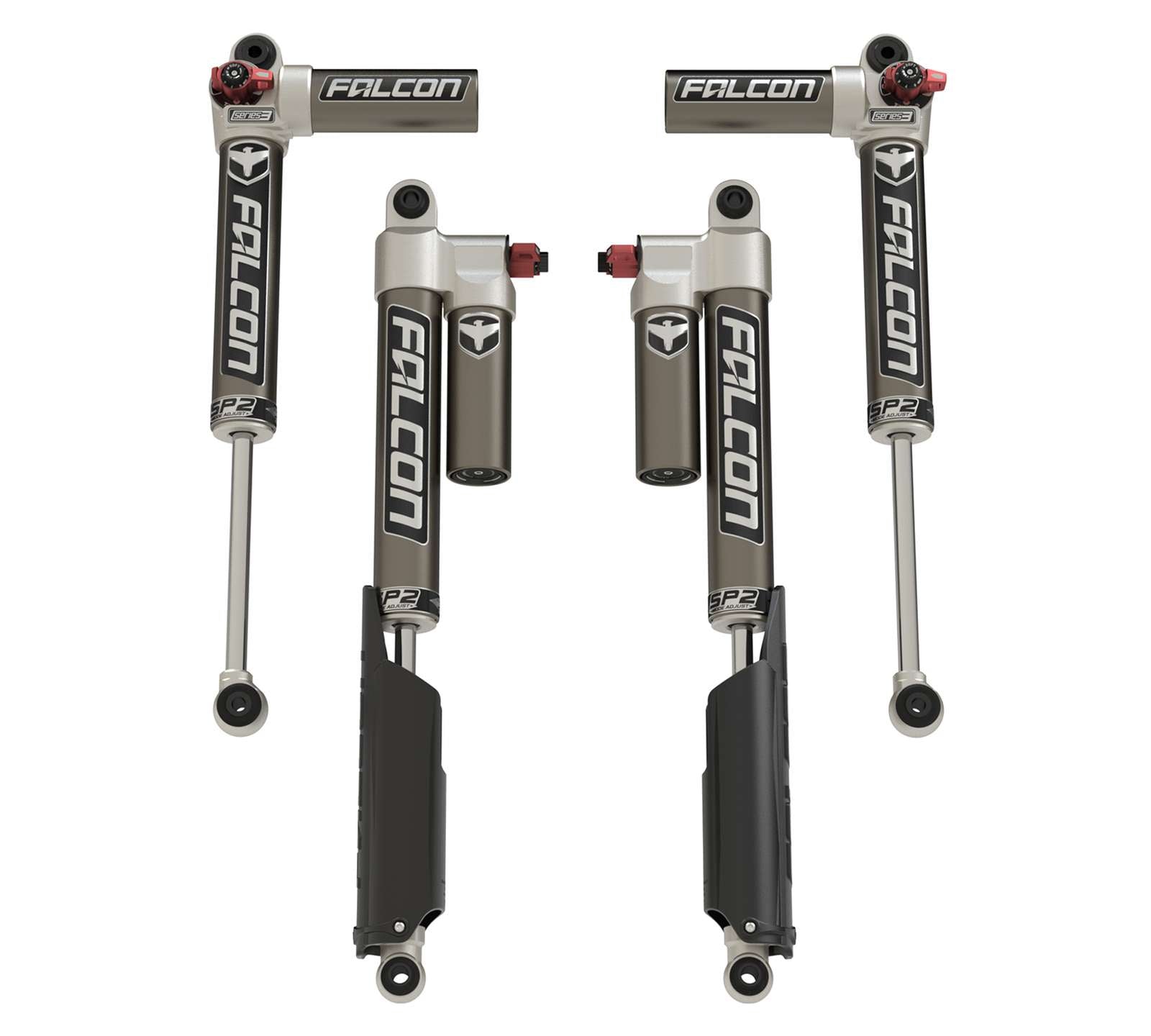 Set of Falcon adjustable off-road suspension shocks with remote reservoirs for trucks or SUVs