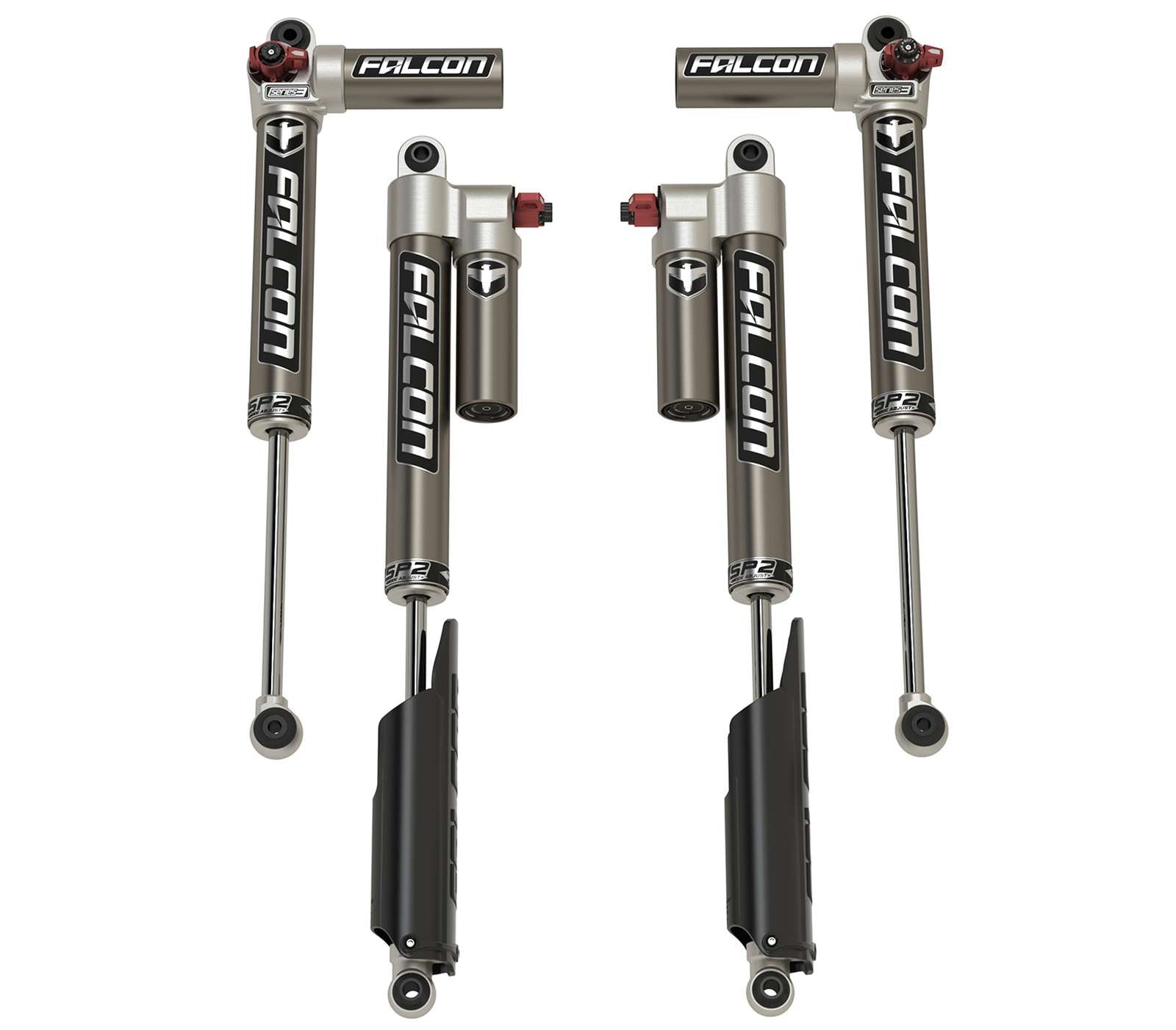 Set of Falcon SP2 vehicle shock absorbers with remote reservoirs for off-road suspension upgrades