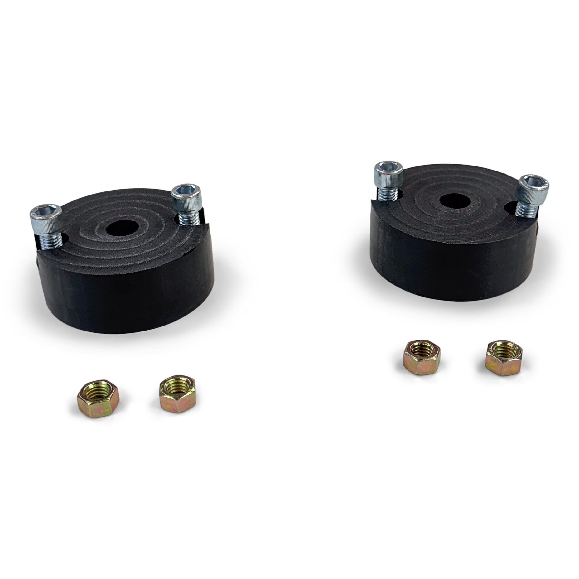 Pair of black rubber suspension bump stops with bolts and nuts for off-road vehicles