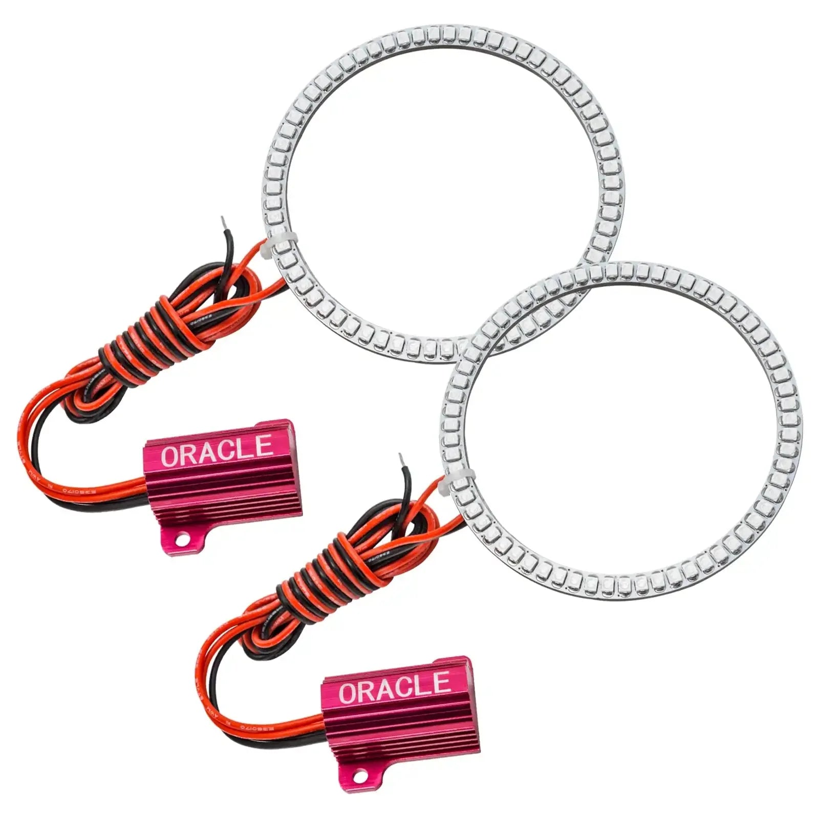 Pair of LED halo headlight rings with wiring and pink Oracle modules for vehicle lighting