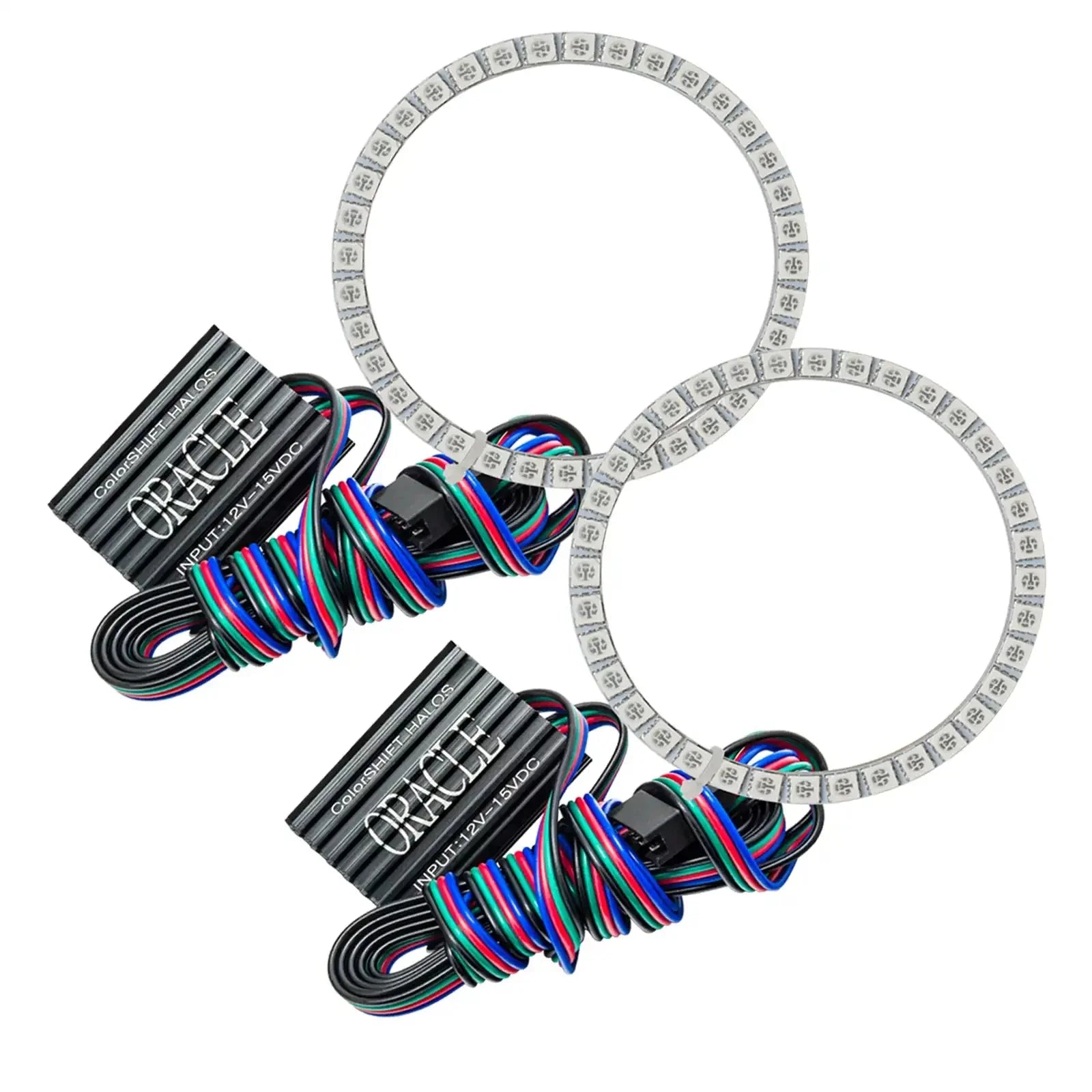 Pair of LED halo rings with multicolor wires and control modules for vehicle headlights