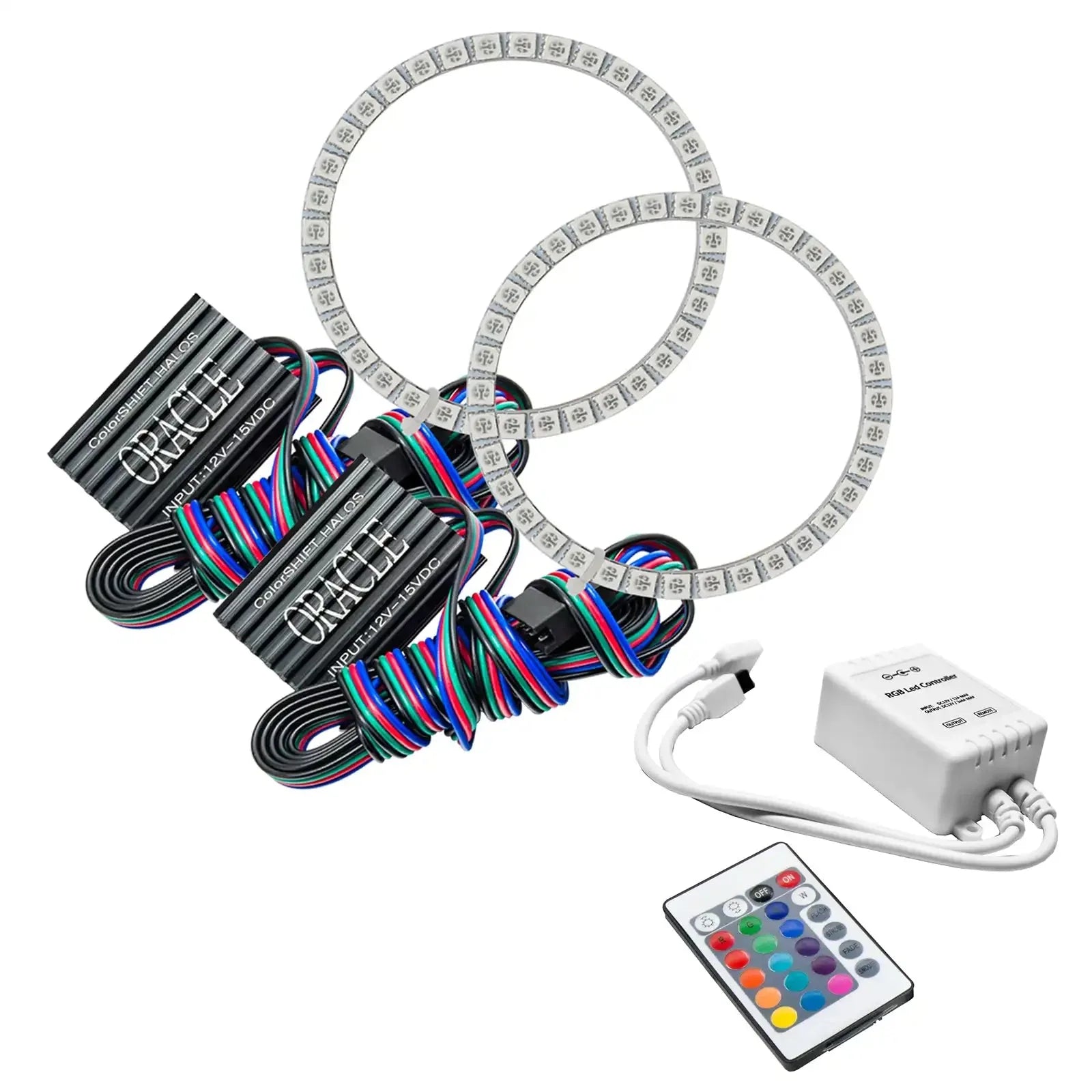 LED RGB headlight halo ring kit with wiring, remote, and controller for overlanding vehicles