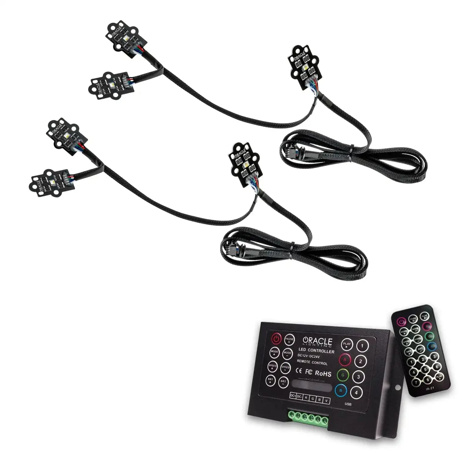 Off-road vehicle RGB LED lighting kit with controller and remote, wiring visible