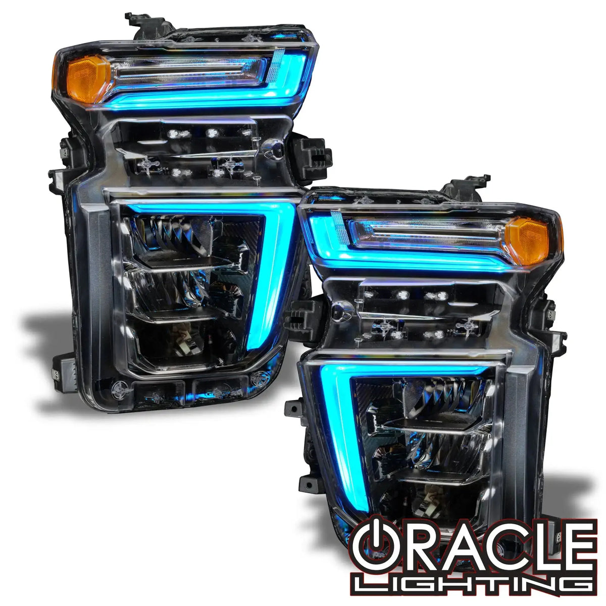 ORACLE ColorSHIFT RGB+W headlight DRL upgrade kit for 2020-2023 Silverado HD, headlights with cyan DRL and amber signal