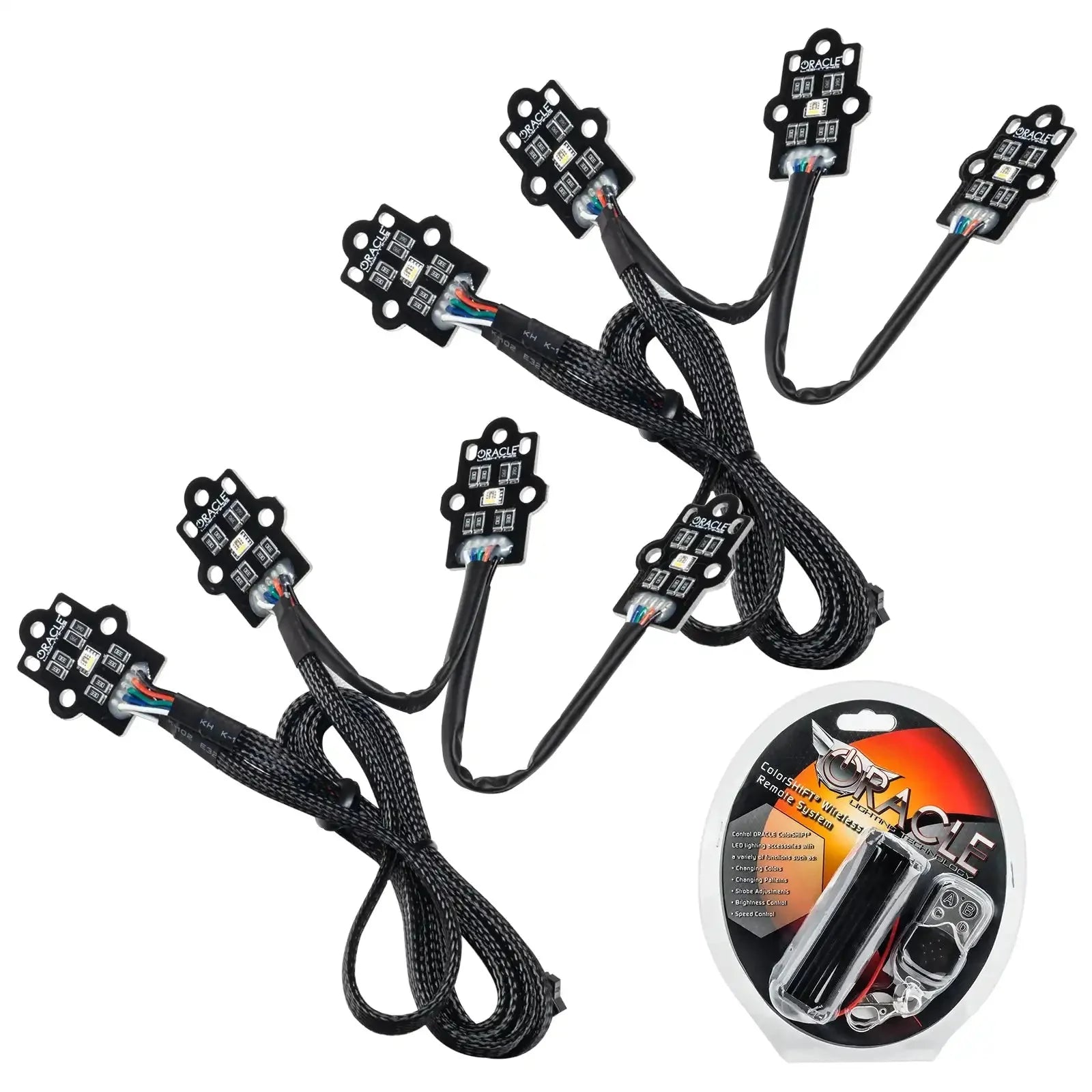 LED rock light kit with multiple wiring harnesses and a remote, for off-road vehicles