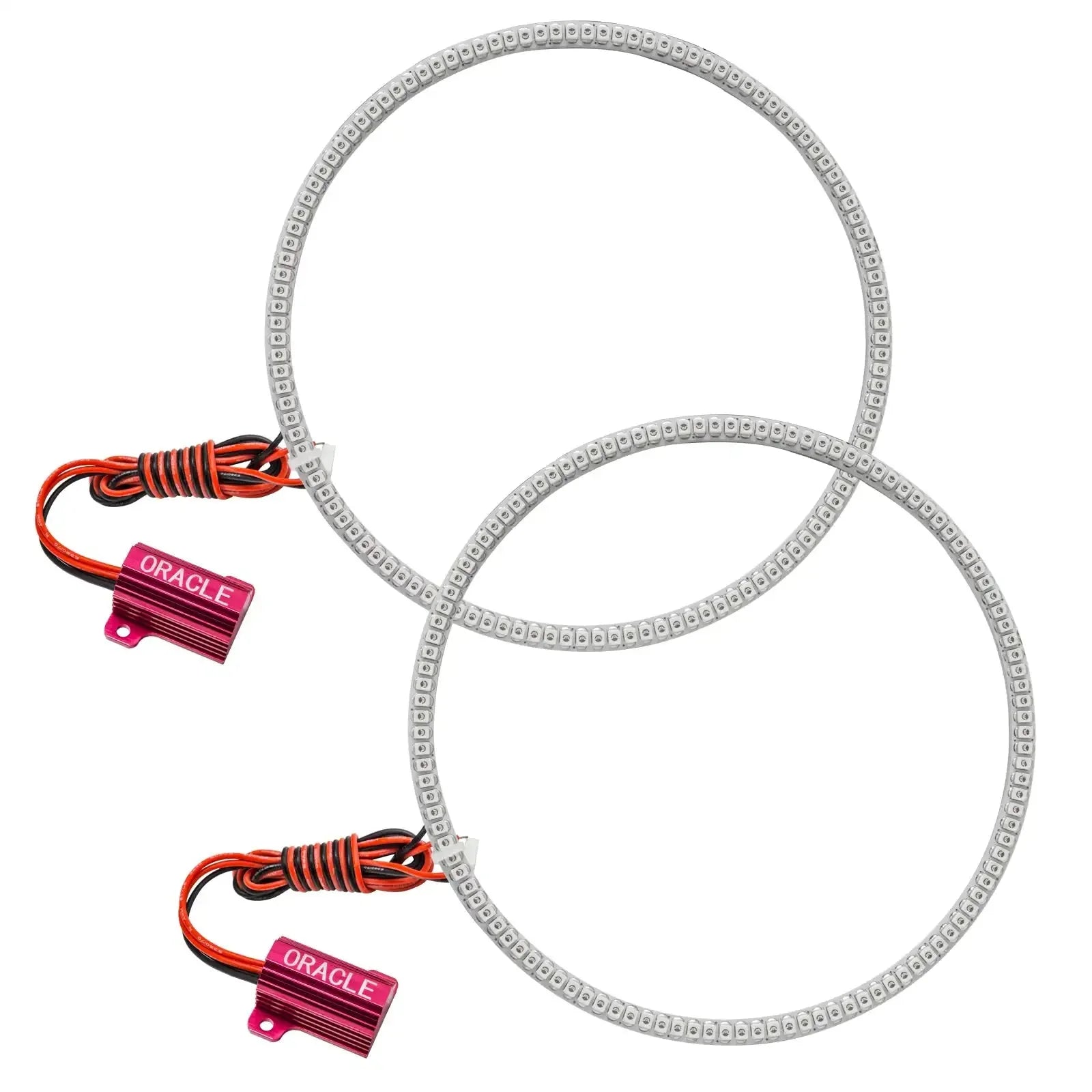 Pair of round automotive LED halo headlight rings with wiring and red adapters