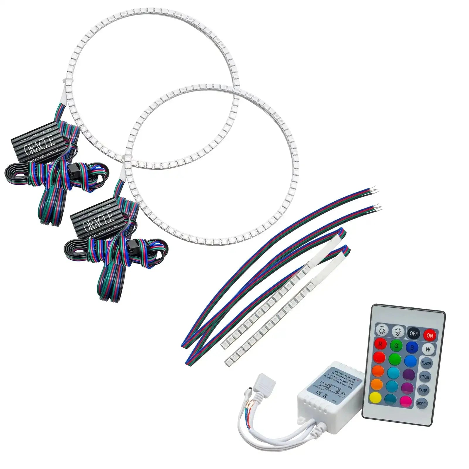 LED halo headlight rings kit with wiring, controller, and remote for off-road vehicles