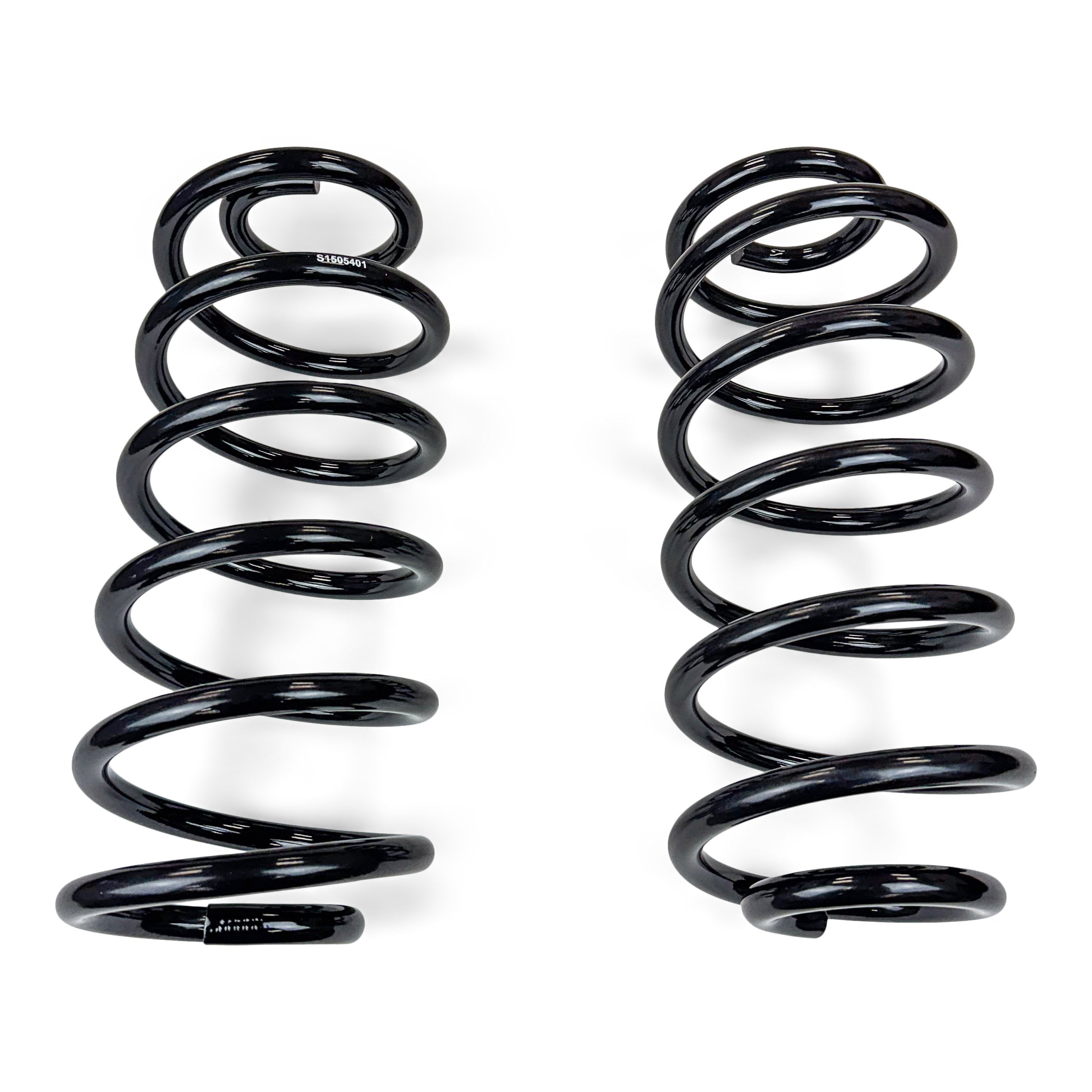 Pair of black heavy-duty coil springs for off-road vehicle suspension upgrades