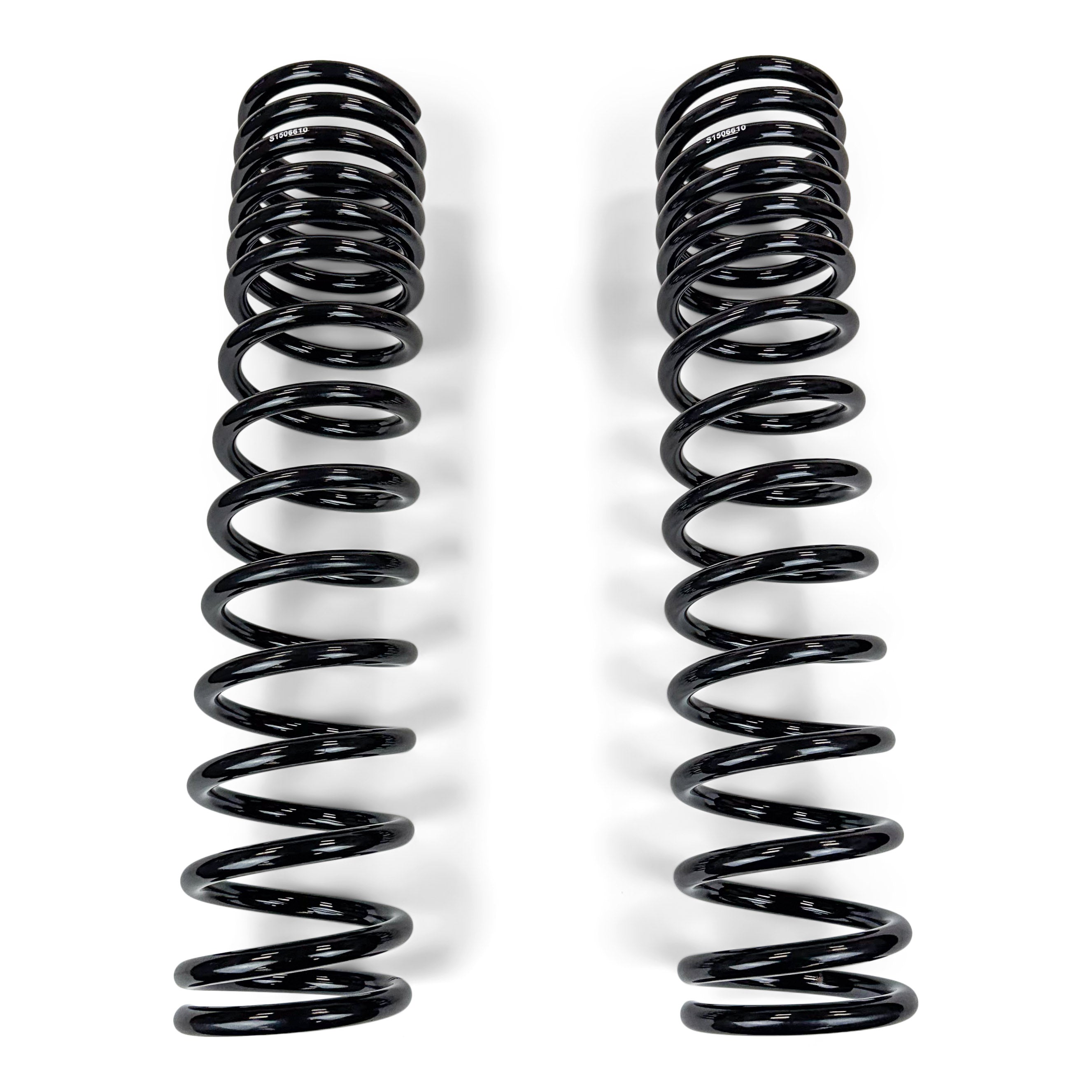 Pair of black heavy-duty coil springs for off-road truck suspension upgrade