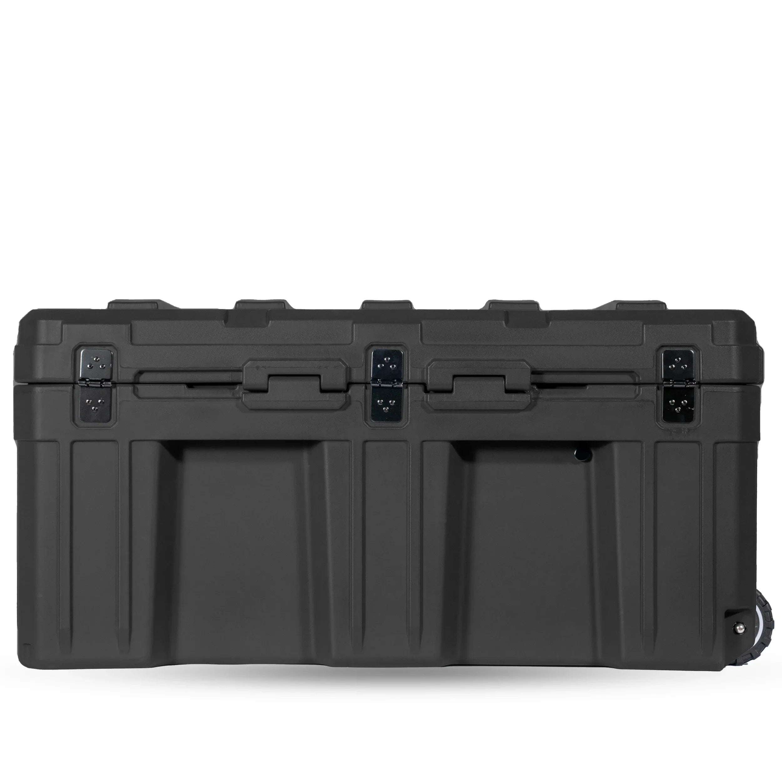 Heavy-duty black storage case with handles, latches, and rugged design for overlanding gear