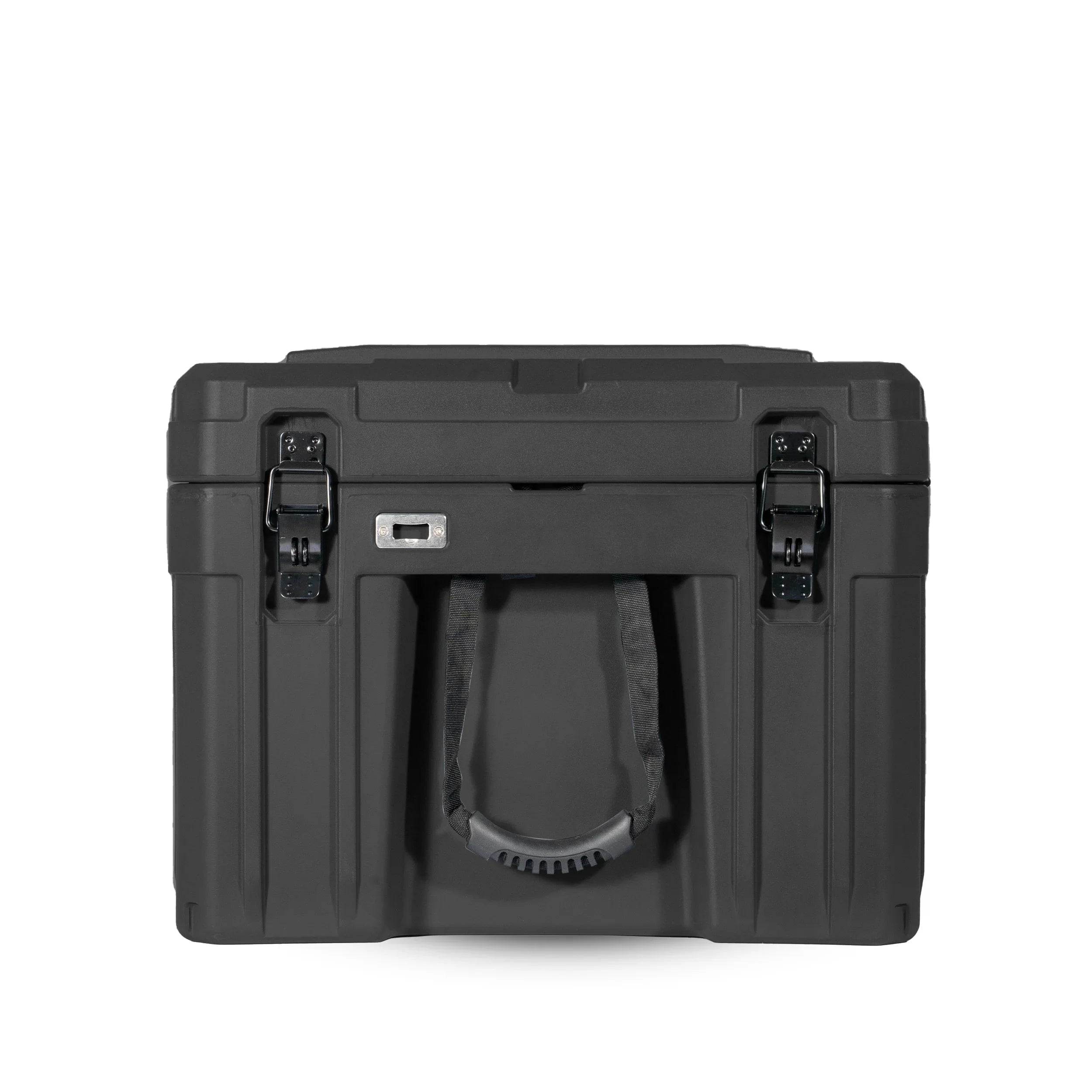 Heavy-duty black storage case with handles and secure latches for overlanding gear