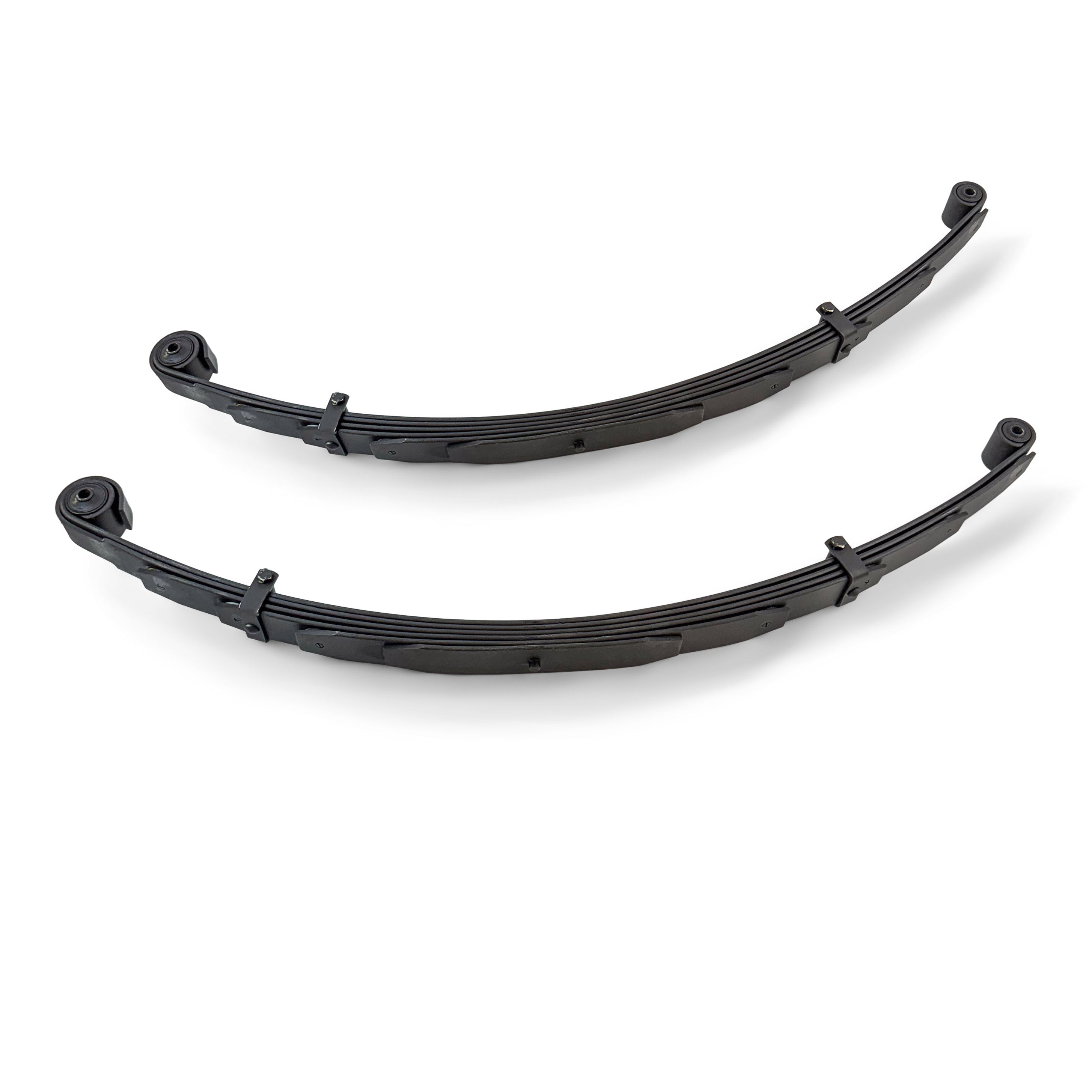 Pair of black heavy-duty leaf springs for off-road truck suspension upgrade