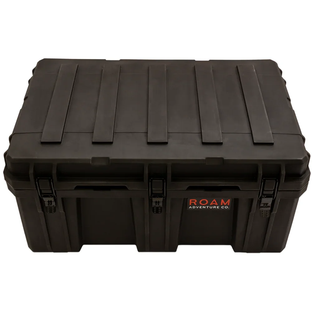 Black heavy-duty storage case with latches, ideal for overlanding and camping gear.