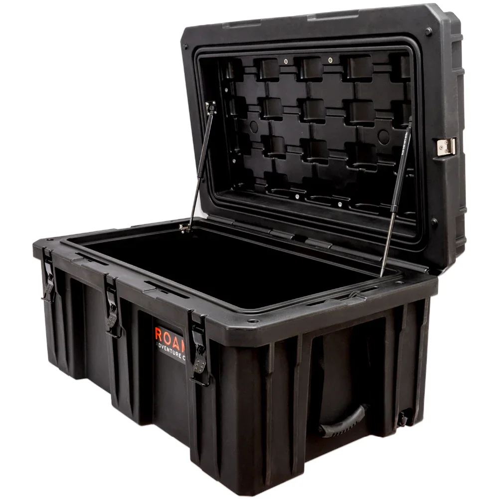 Heavy-duty black adventure gear storage box with open lid for overlanding vehicles