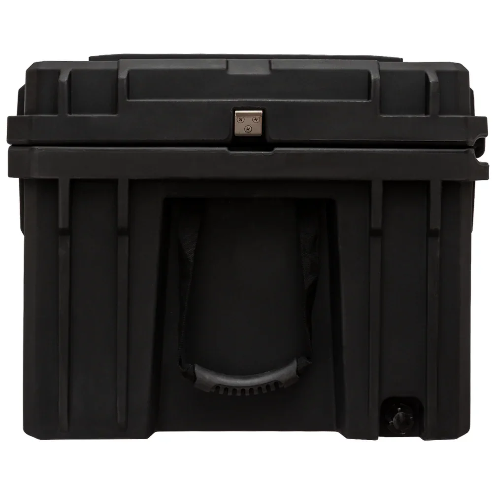 Heavy-duty black overland storage box with secure latch and built-in carry handle