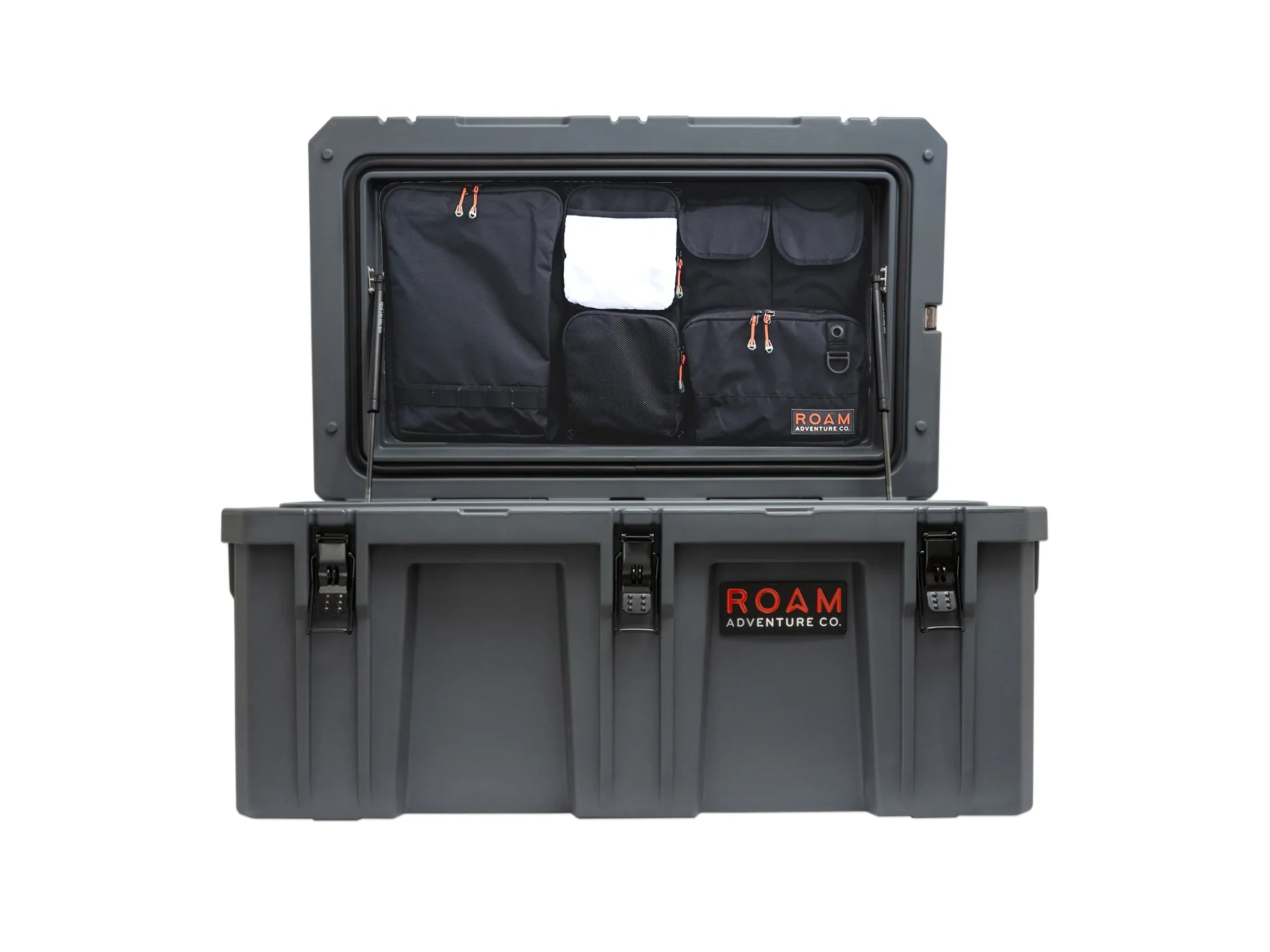 Heavy-duty adventure storage case with open lid showing organized pockets, ideal for camping gear
