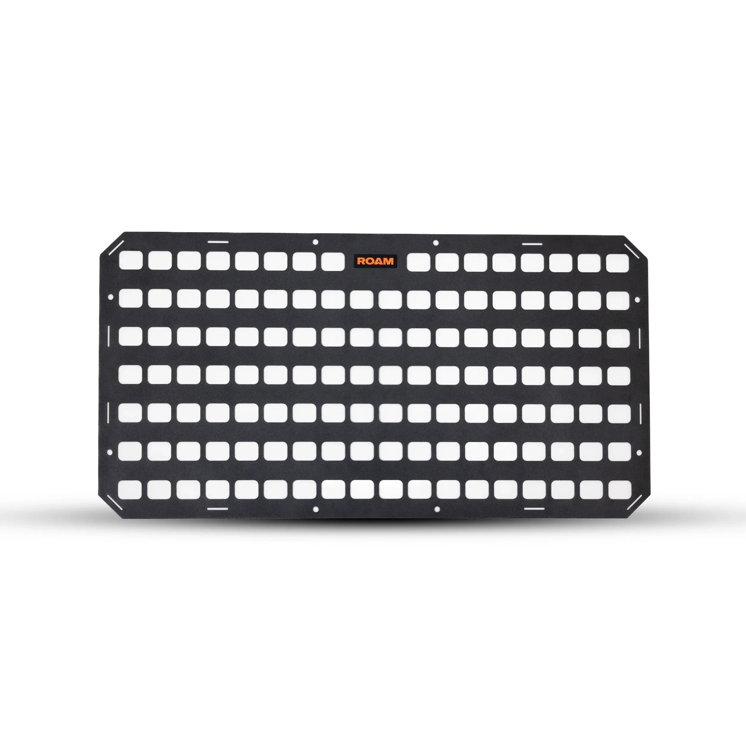 Black metal MOLLE panel with grid cutouts for overlanding or vehicle storage organization