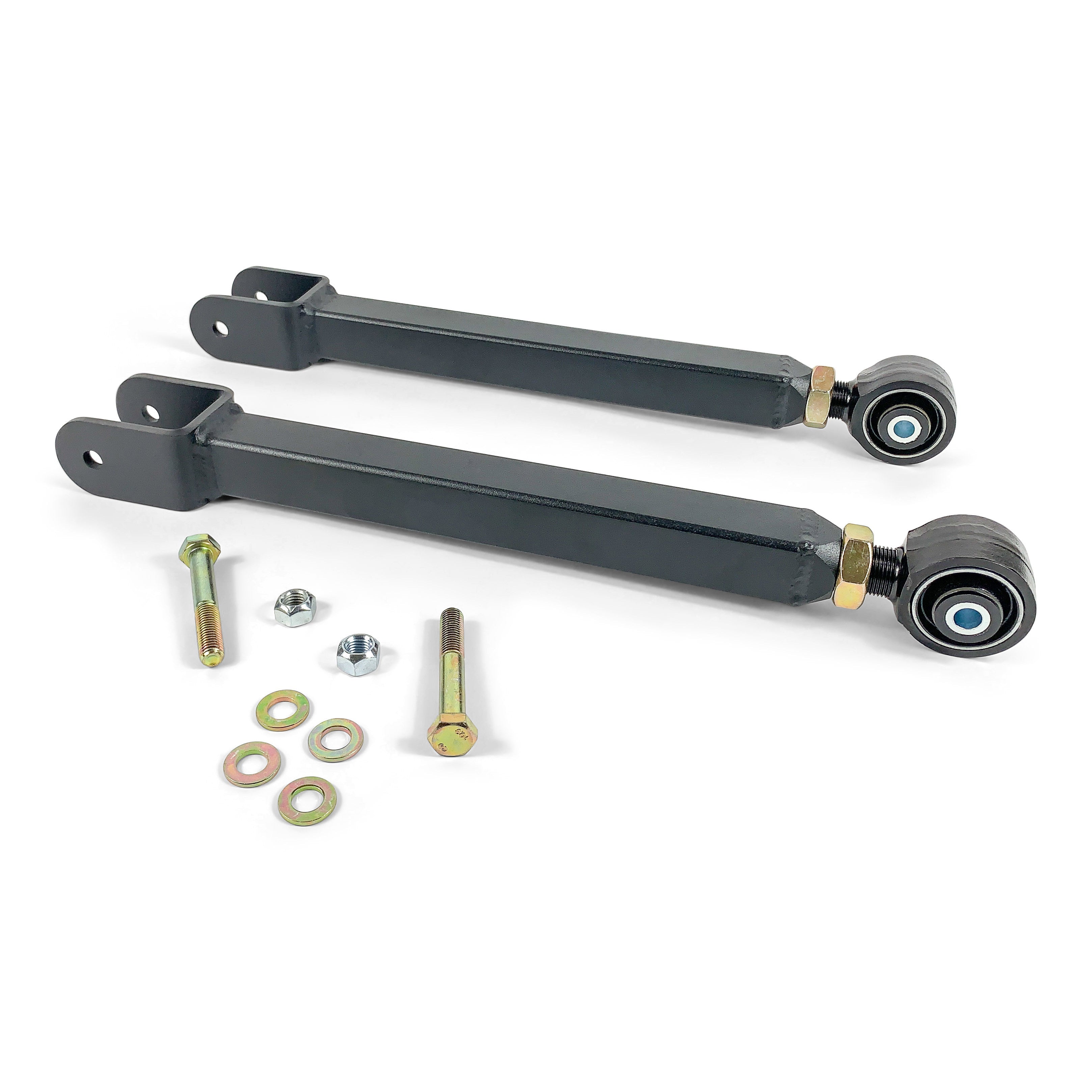 Heavy duty adjustable control arms and hardware for off-road vehicles and trucks