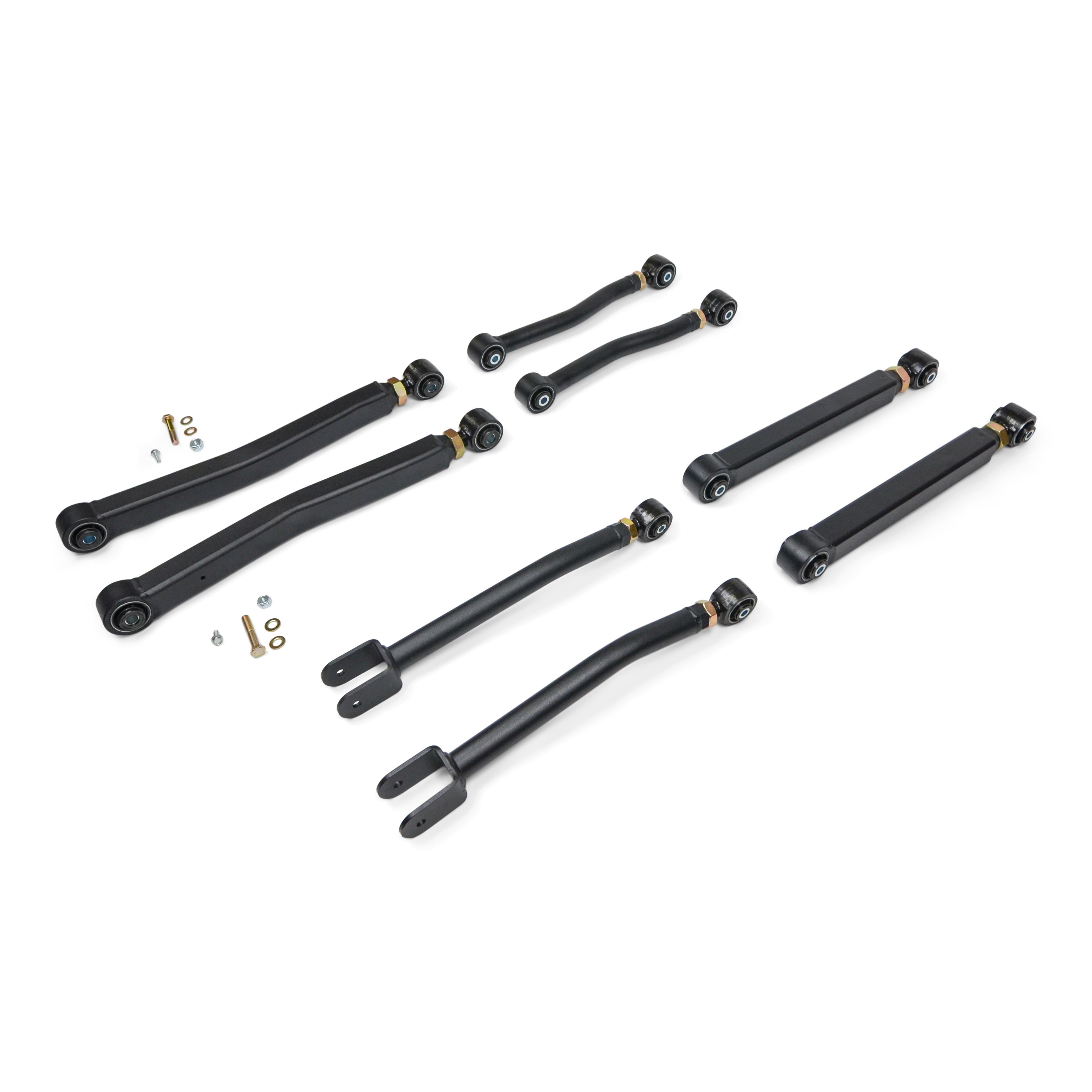 Black control arms and hardware kit for off-road vehicles, ideal for Toyota, Jeep, or Ford upgrades