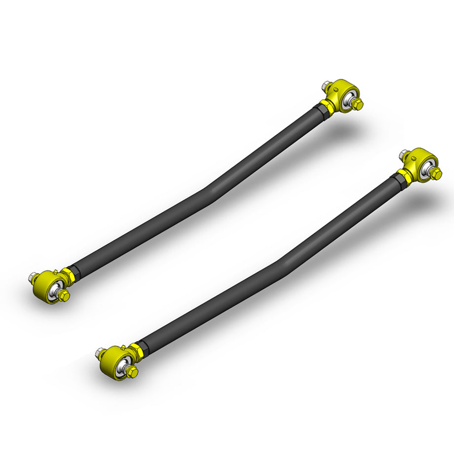 Pair of adjustable steel rear lower control arms with yellow bushings for off-road vehicles