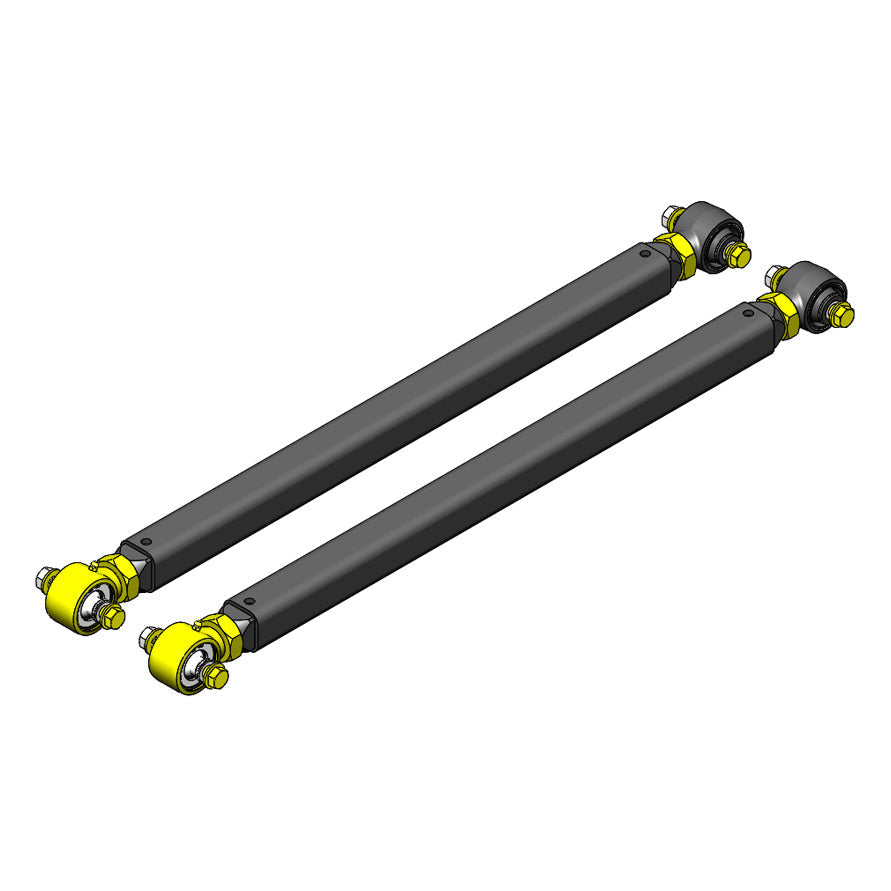 Pair of adjustable rear lower control arms for off-road vehicles, black with yellow bushings
