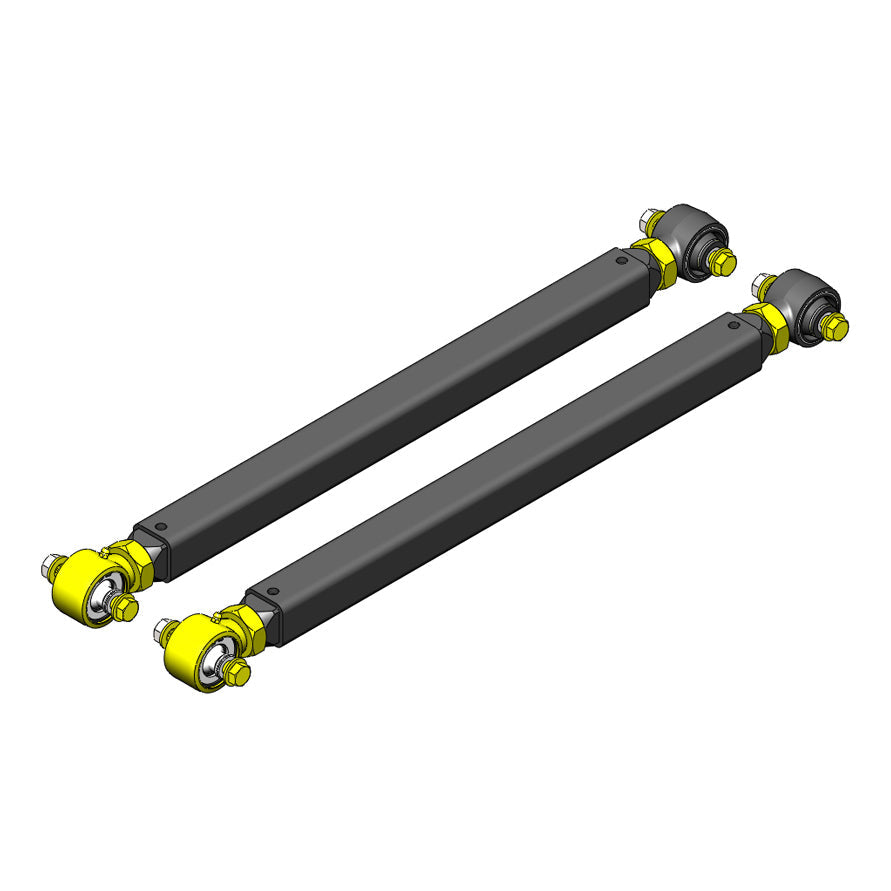 Pair of heavy-duty adjustable rear lower control arms with yellow bushings for off-road vehicles