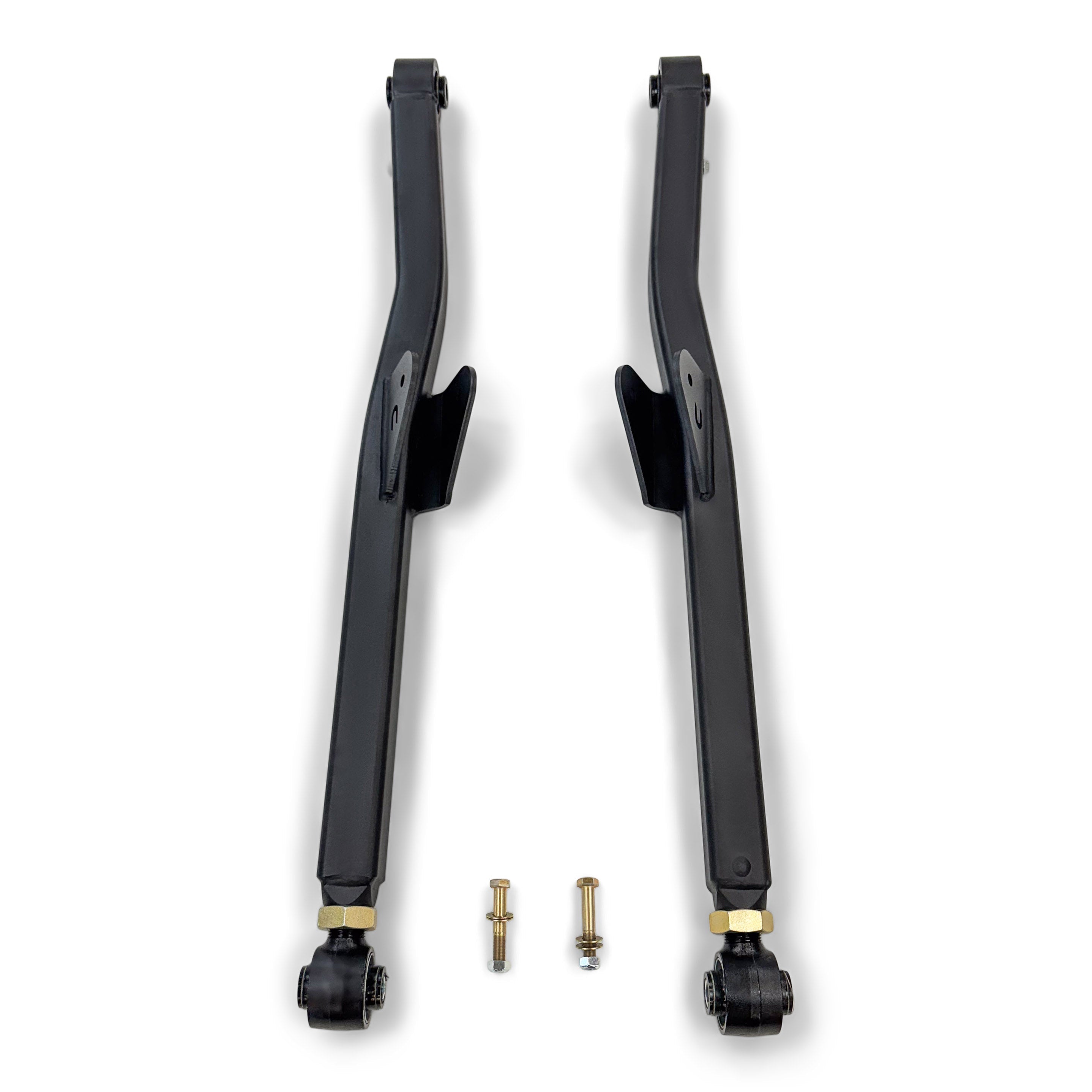 Pair of black adjustable rear control arms with bolts for off-road vehicles