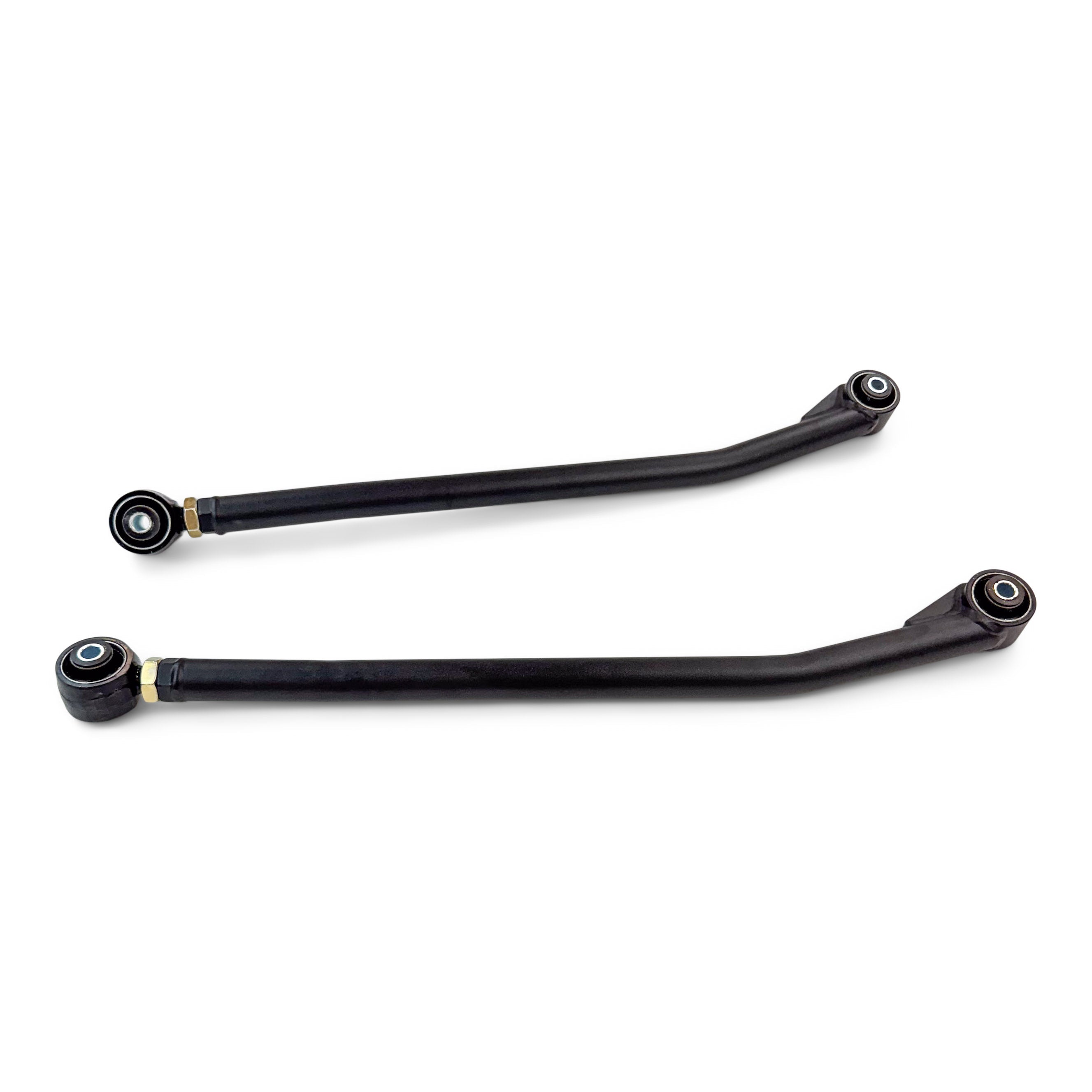Pair of black heavy-duty adjustable control arms for off-road vehicle suspension
