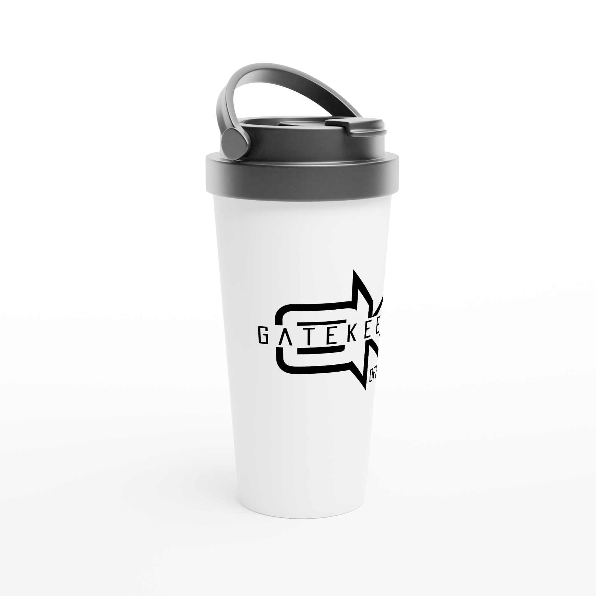 White travel tumbler with black Gatekeeper Offroad logo and black lid, on white background