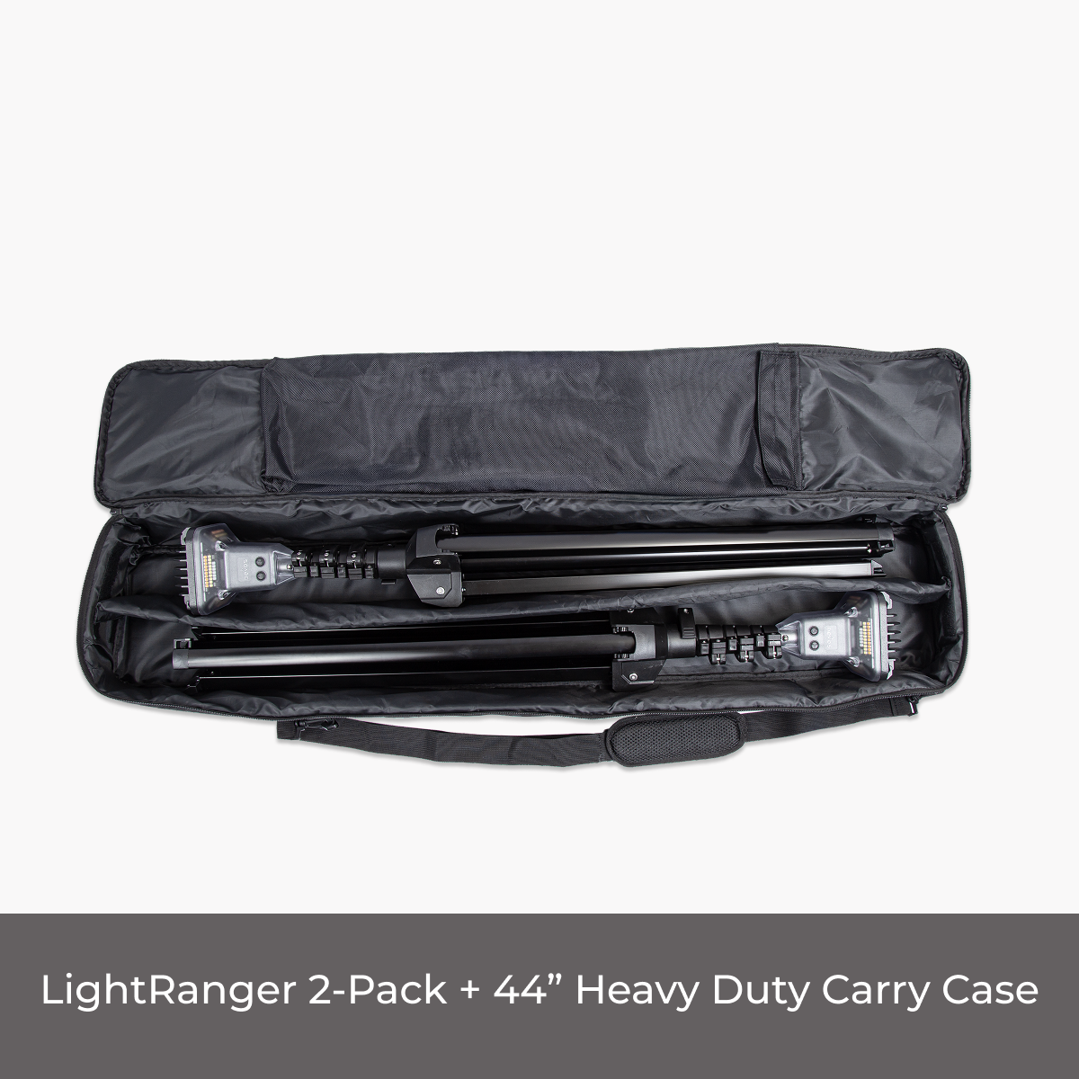 Heavy duty carry case holding two LightRanger portable camp lights with tripods