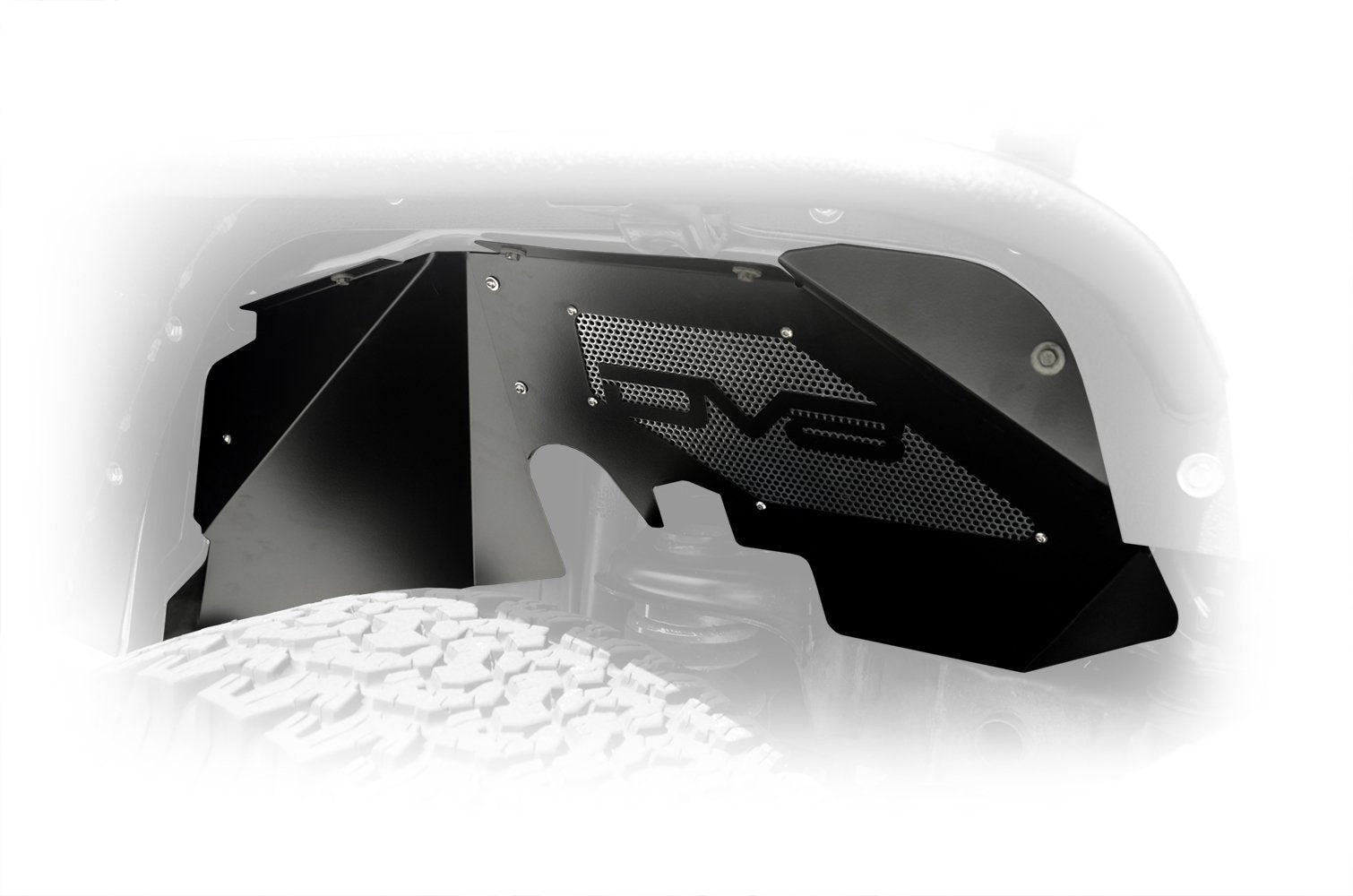Black front inner fender with rock lights installed on Jeep Wrangler JK, off-road accessory.