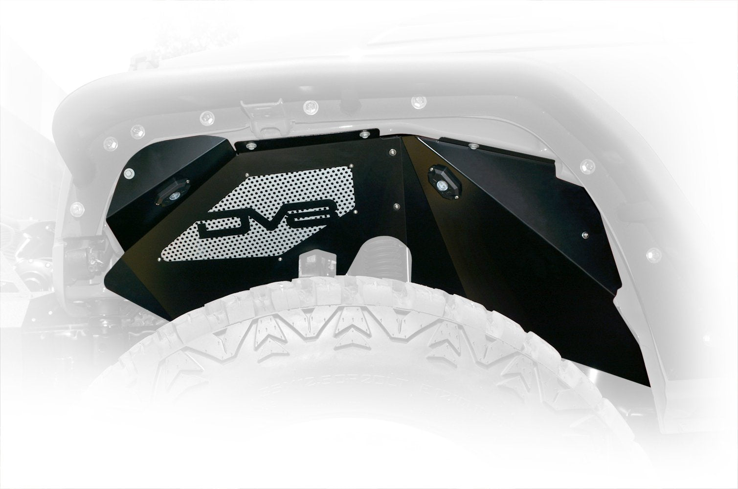Jeep JK front inner fenders with integrated rock lights, black finish, off-road upgrade