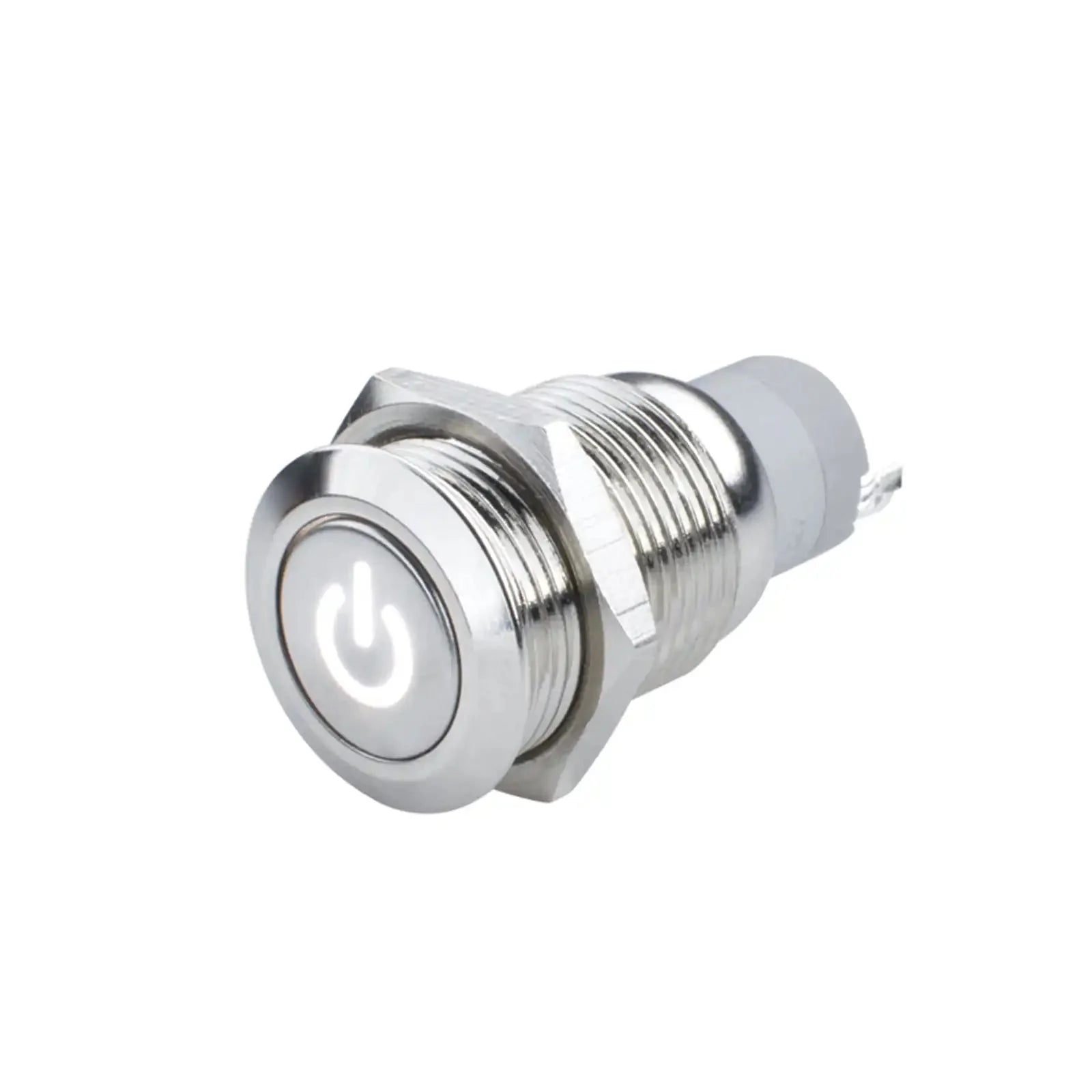 metal LED push button switch for vehicle accessory control, power symbol illuminated