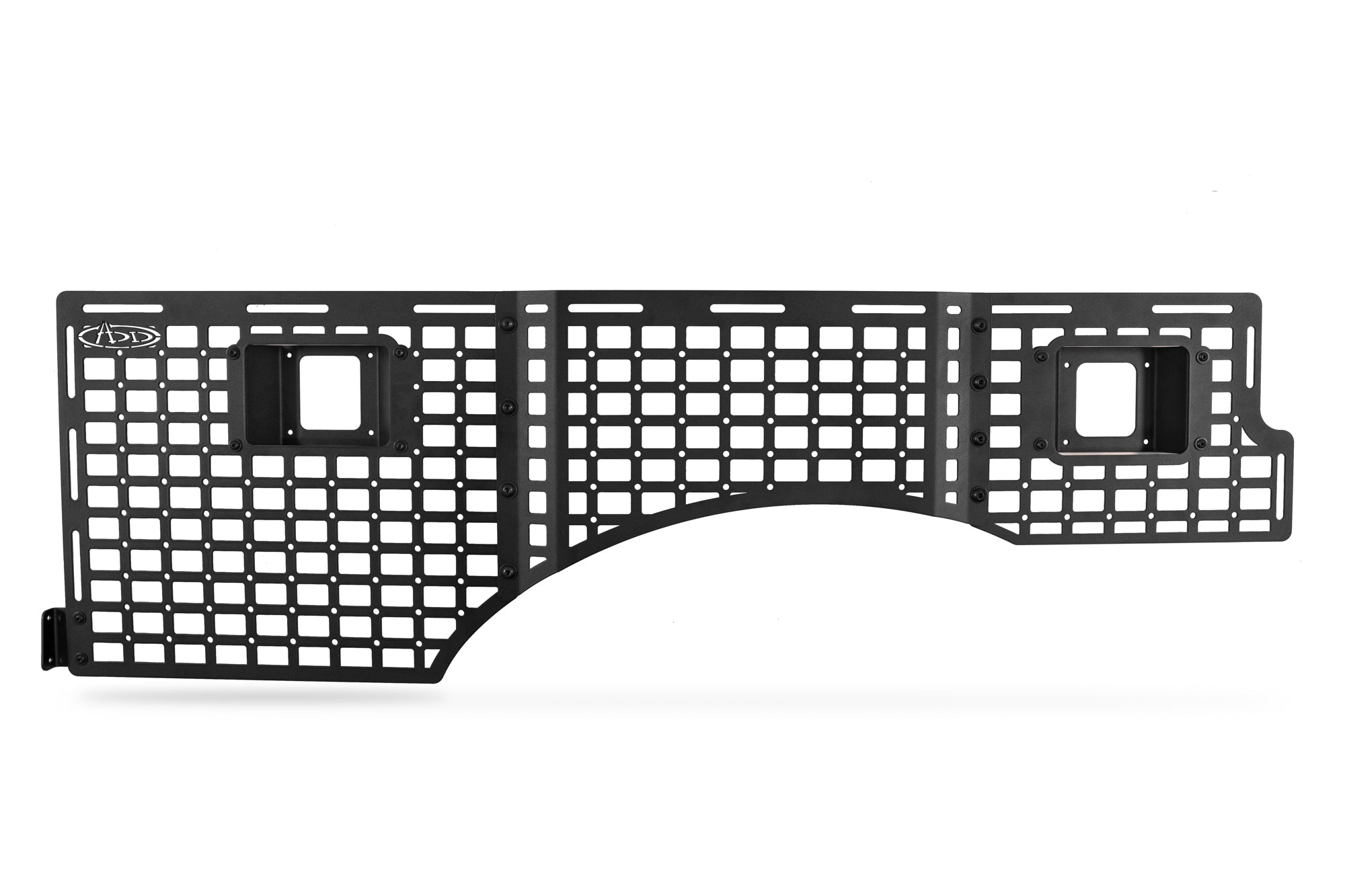 Ford F-150 Raptor bed side molle panel, black steel, grid design for truck storage