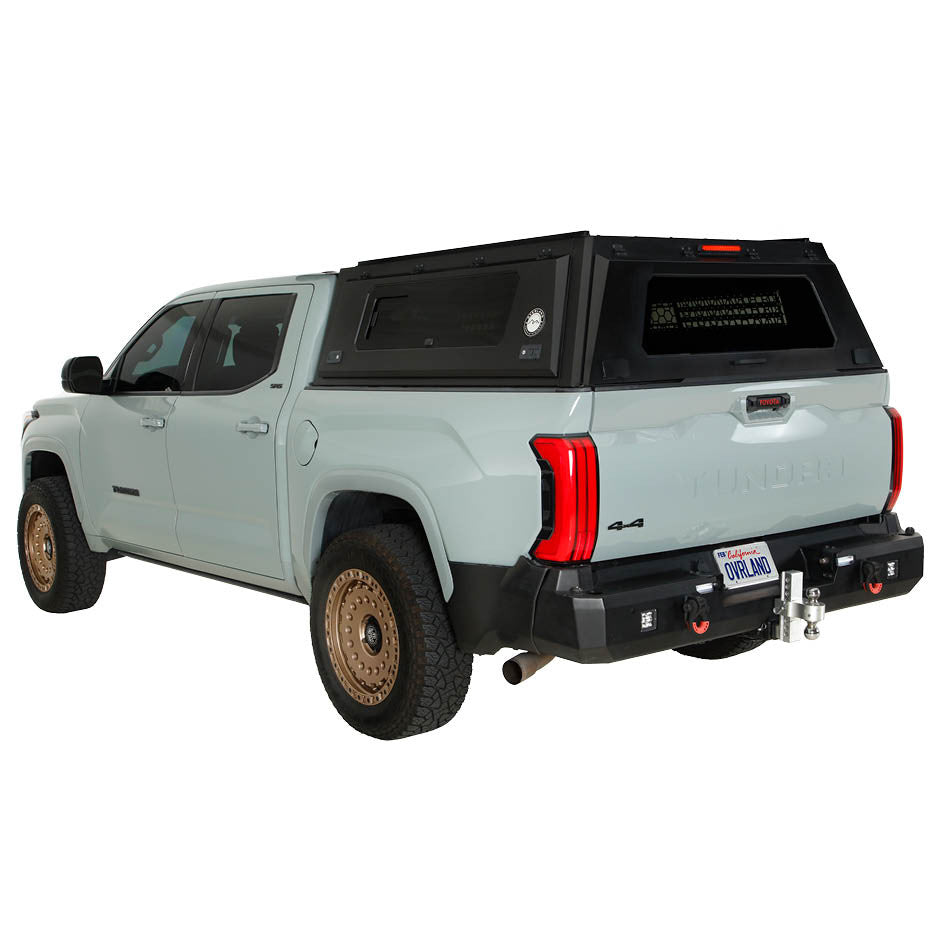 2022 Toyota Tundra truck cap overland build with roof rack and rear steel bumper