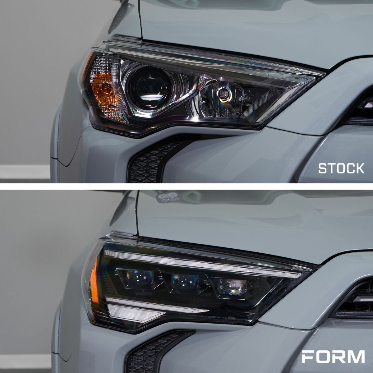 Form Lighting Sequential LED Projector Headlights for Toyota 4Runner 2014–2024, side by side with the factory headlights