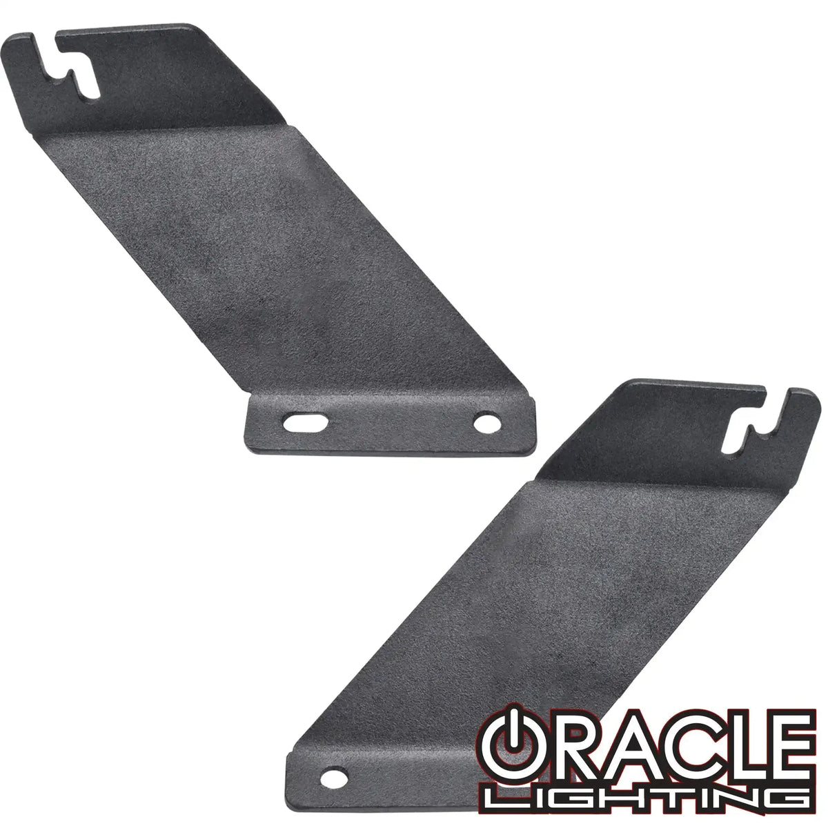 Pair of ORACLE hood mounting brackets for a Jeep JK, flat black steel with slotted mounting holes