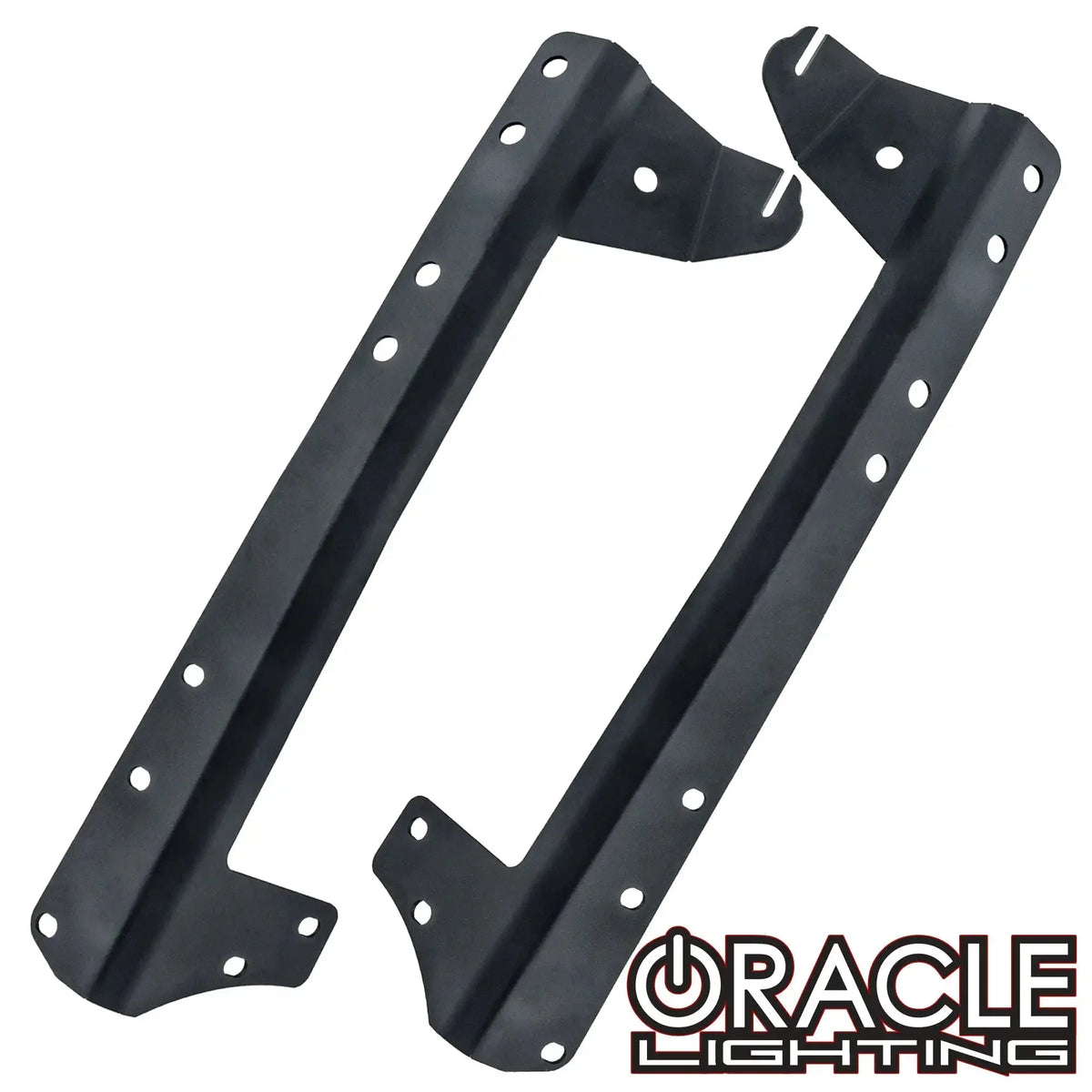 Pair of ORACLE black steel upper windshield brackets for the Jeep JK, long bent mounting arms on white