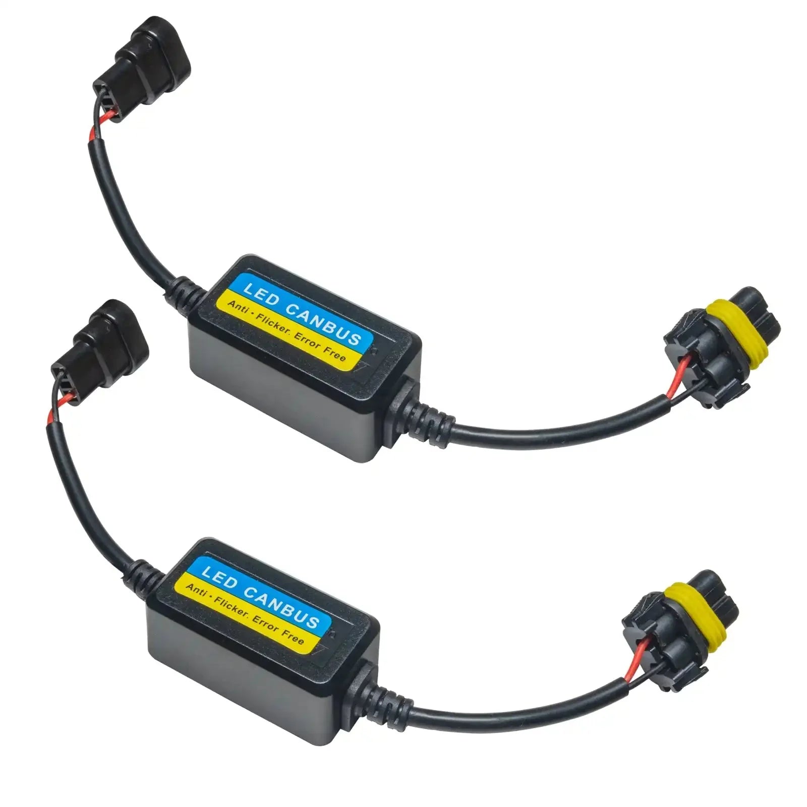 Pair of LED CANBUS anti-flicker decoder modules with wiring for vehicle headlights