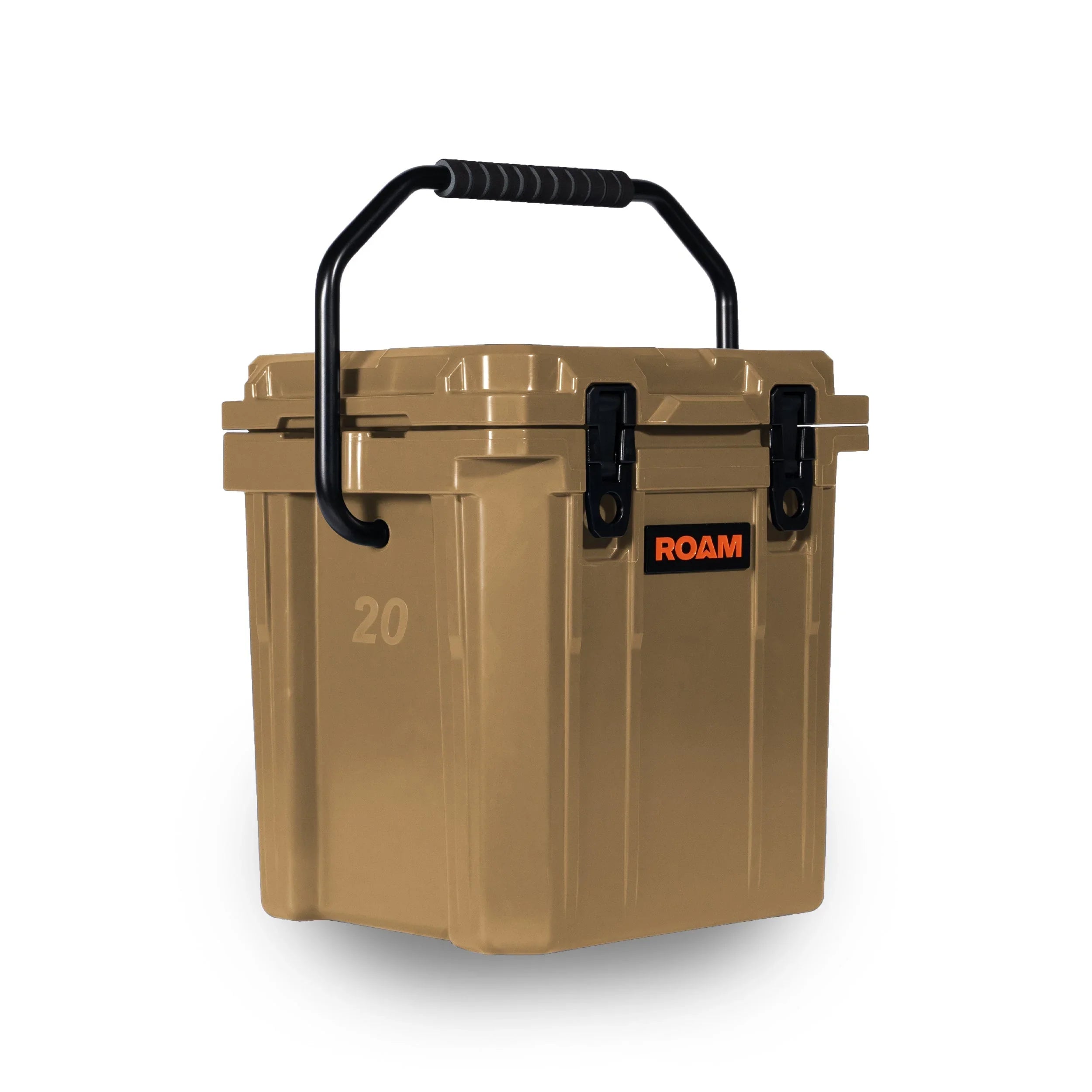 Desert tan 20L hard case with black handle and latches, ROAM logo, for camping gear storage