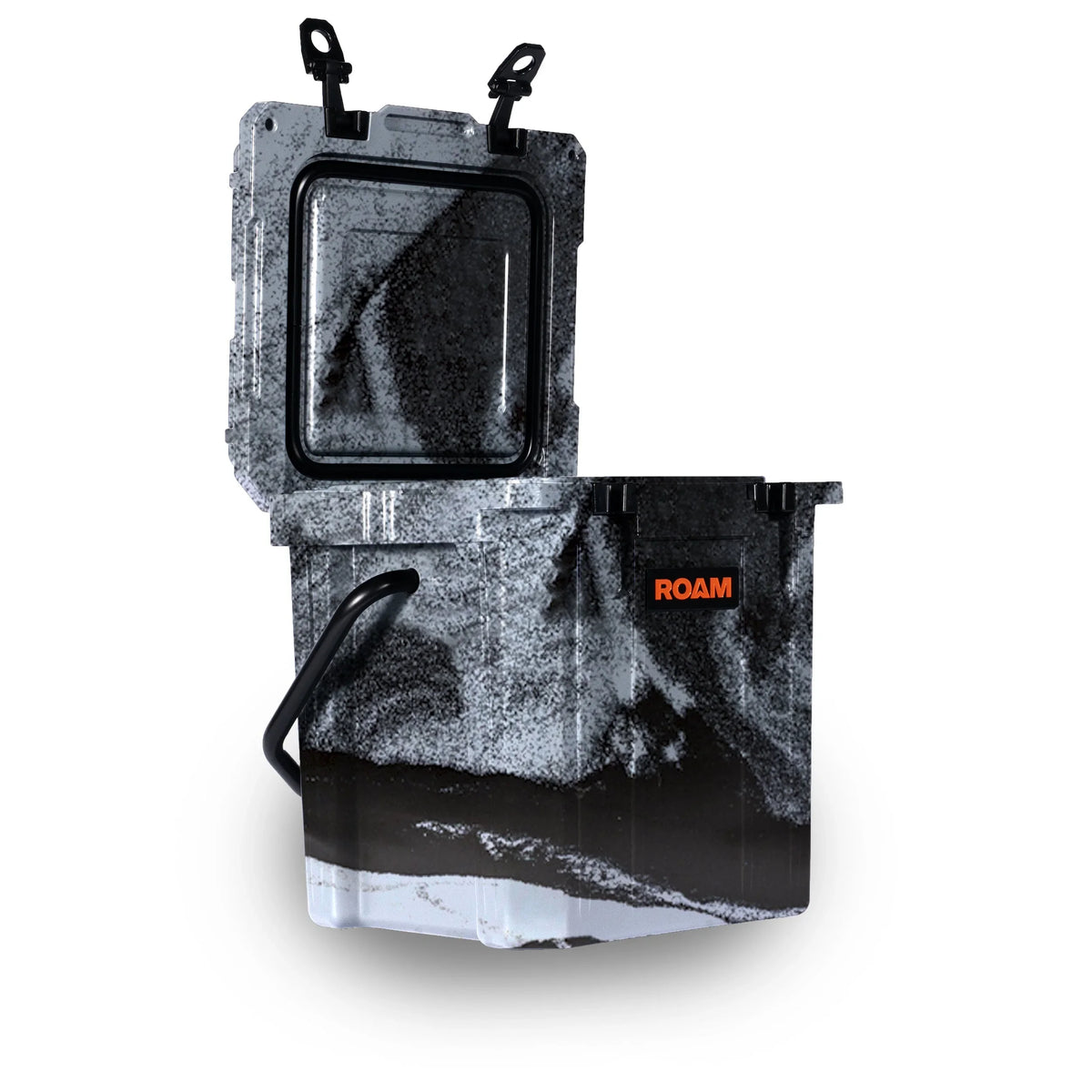 20L tall black and white marble-patterned overland storage box with open lid and side handle