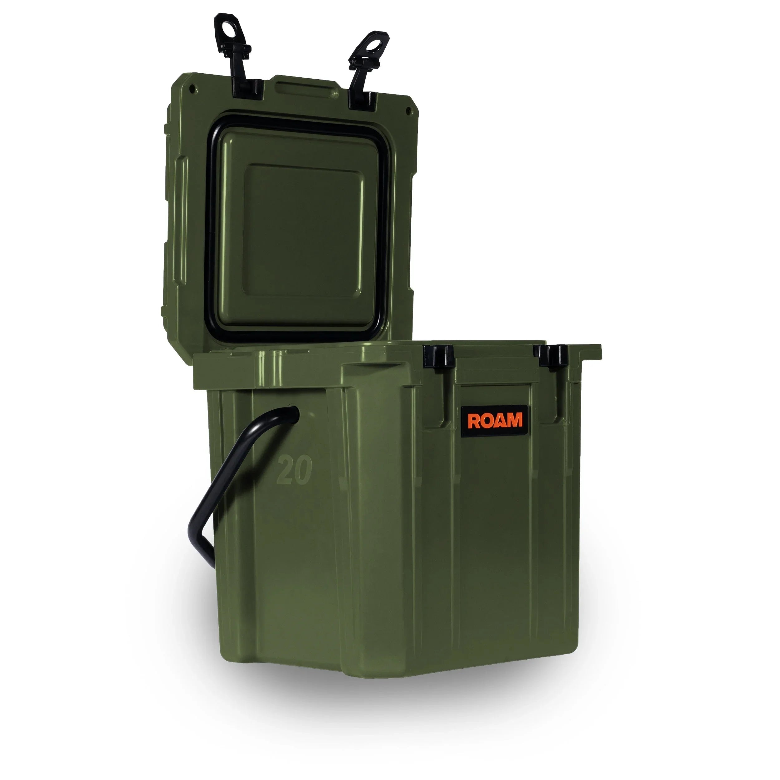 Olive green 20L hard shell storage box open, for overlanding or camping gear