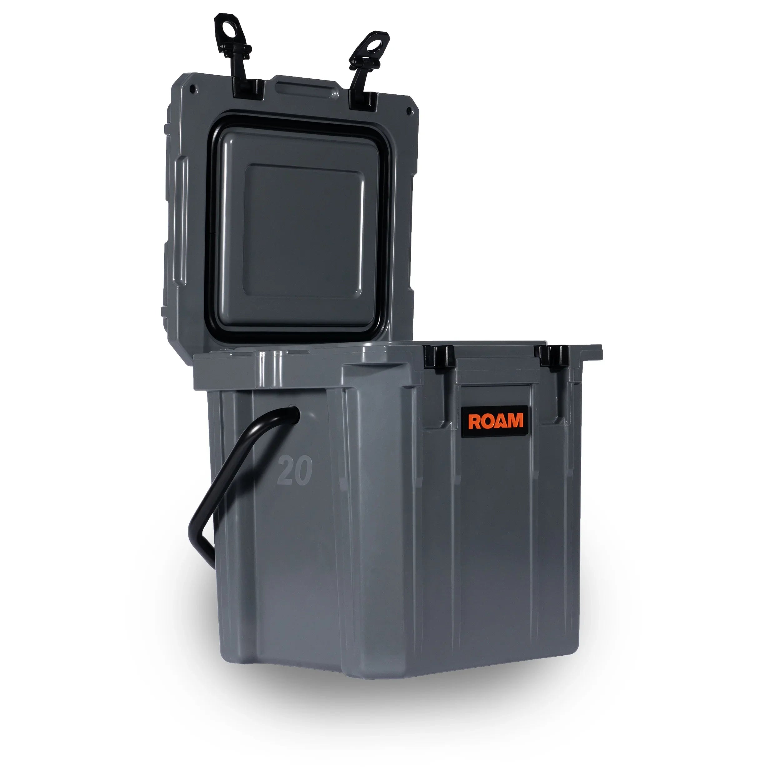 Gray 20L overland storage case with open hinged lid and side handle, labeled ROAM.