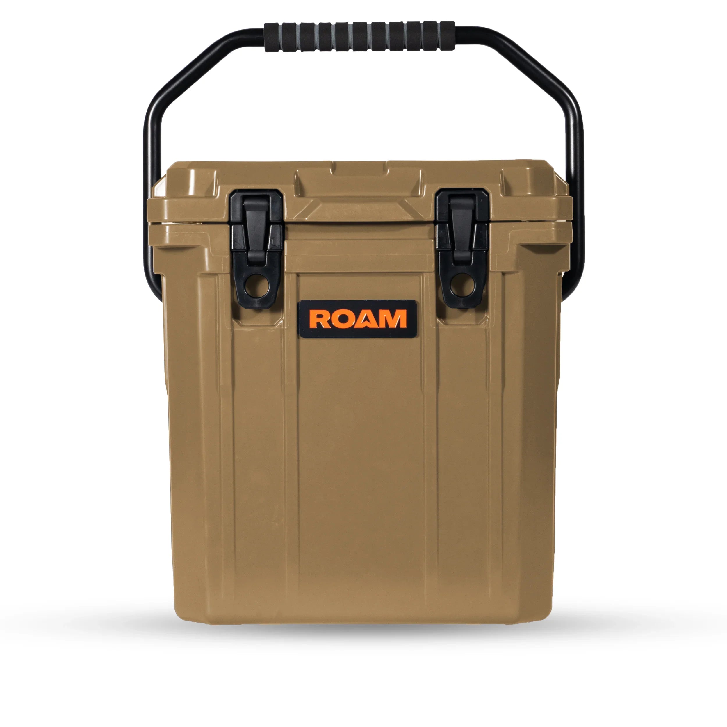 Tan hard-sided 20L cooler with black handle, front latches, ROAM logo, for camping gear